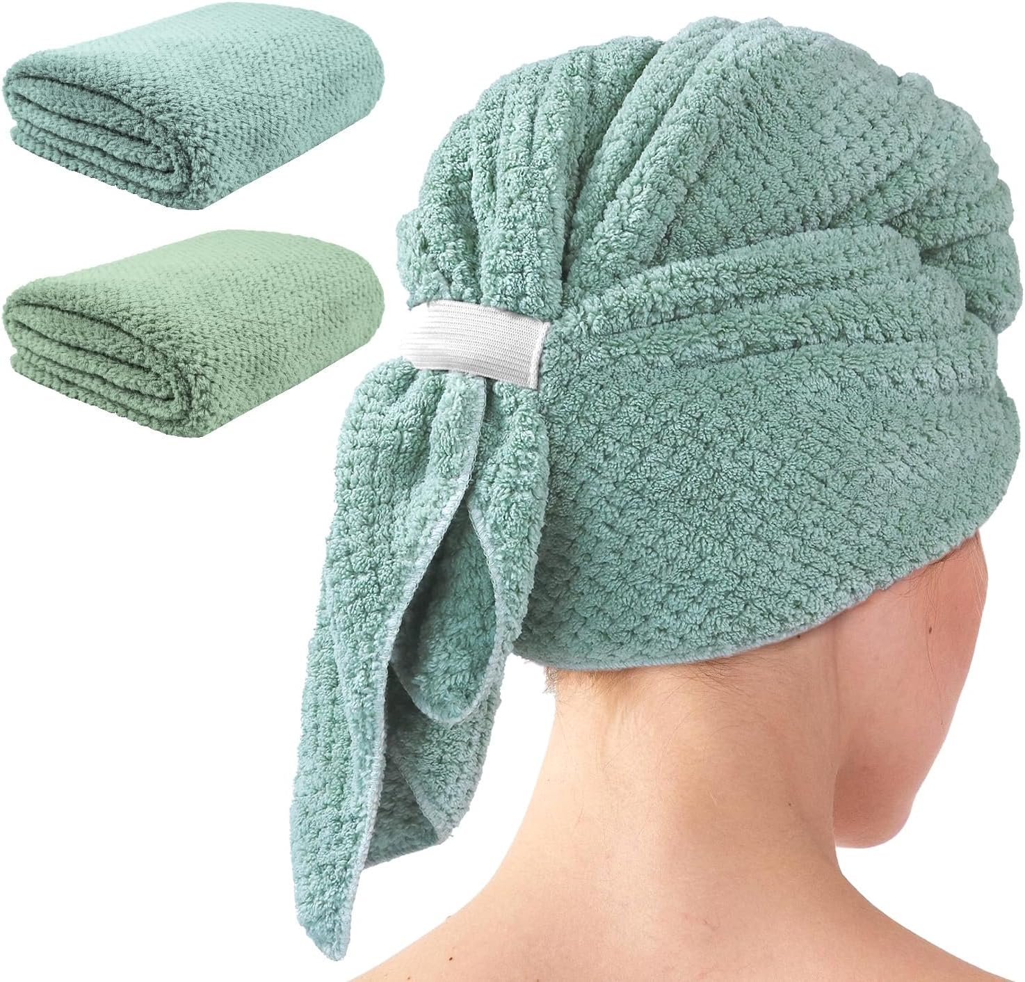 my novel things 2 Pack Extra Large Microfiber Hair Towel Wrap, 37.4″ x 26.4″ for Women, Super Absorbent & Quick Dry Hair Towel with Elastic Strap for Curly Hair Green Gift for Women Men Girls Friends