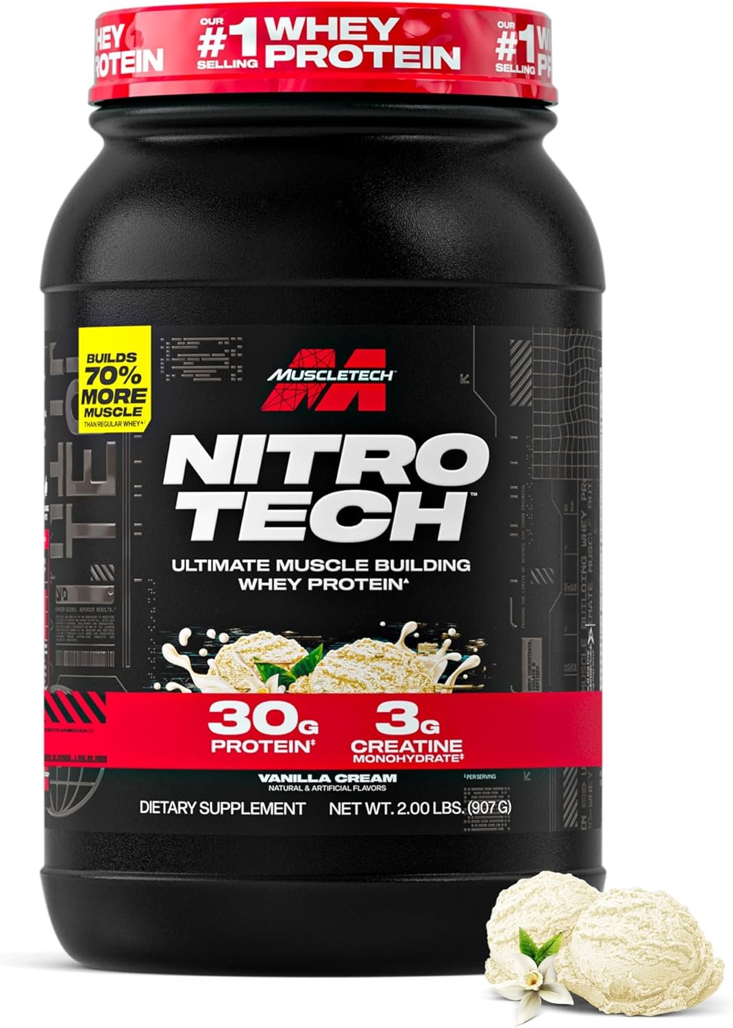 Muscletech Whey Protein Powder (Vanilla Cream, 2.2 Pound) – Nitro-Tech Ultimate Muscle Building Formula with Whey Protein Isolate – 30g of Protein, 3g of Creatine & 6.8g of BCAA – Packaging May Vary