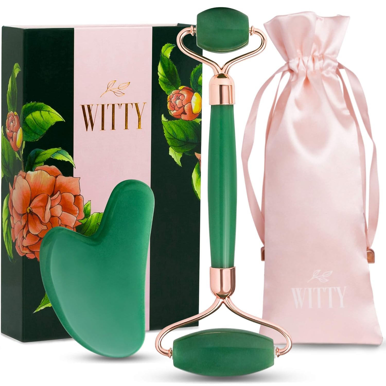 WITTY Jade Face Roller and Gua Sha Set in Hand-Drawn Giftbox – Gua Sha Stone, Face Massager Roller, Beauty Massage Face Scraper Tools – Guasha Tool for Face Roller Skin Care, Eyes, Neck – Extra Pouch
