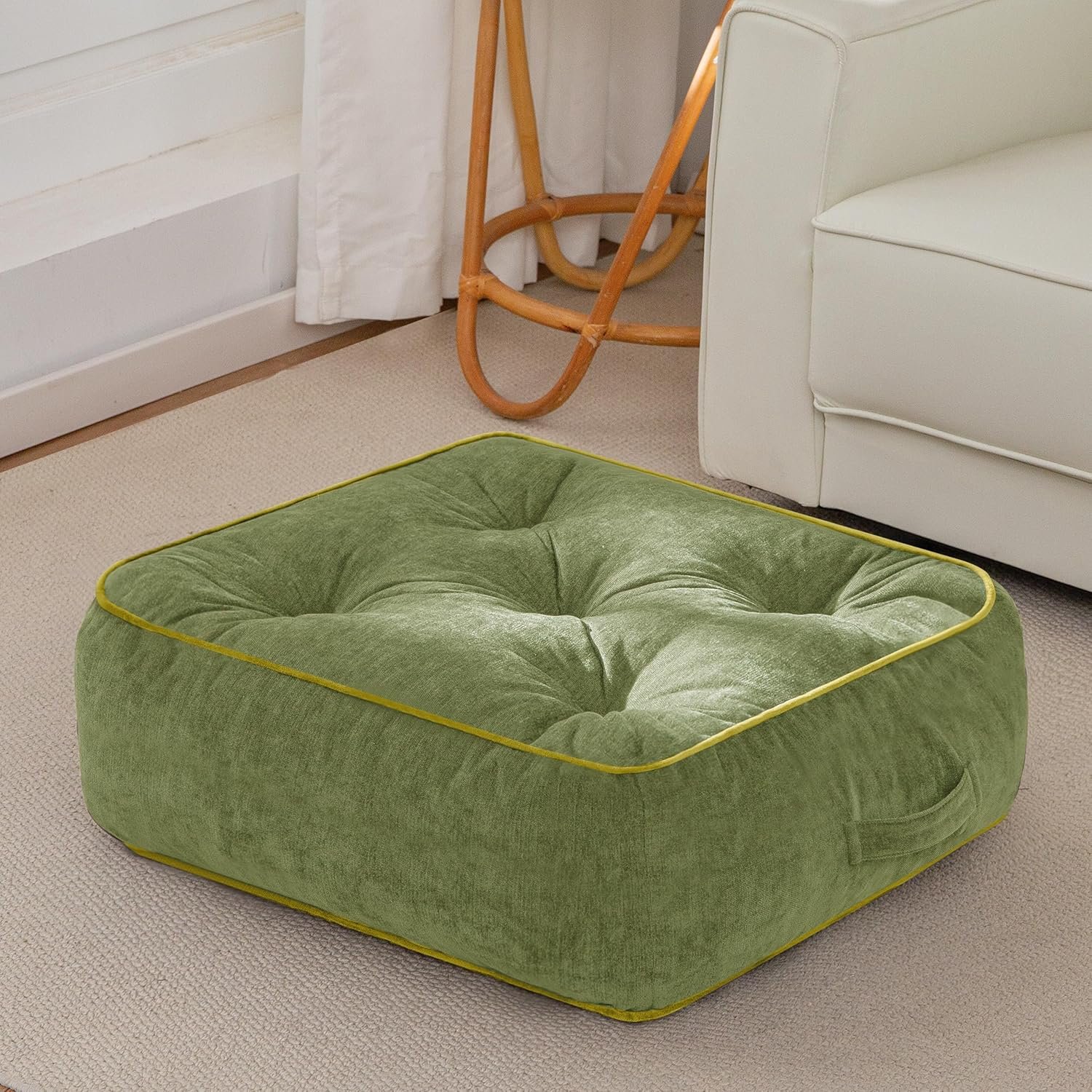 HIGOGOGO 8″ Extra Thick Floor Pillow Cushion for Adults, Meditation Cushion Pillow with Handle, Lustrous Chenille Tufted, Square Floor Sitting for Tatami Living Room or Yoga, 22×22 Inch, Green