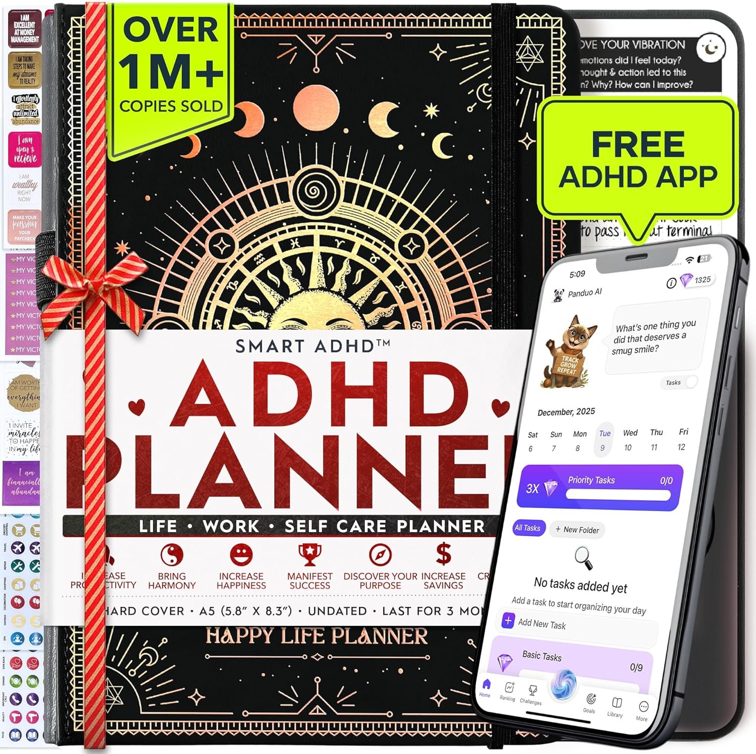 Adhd Daily Planner – A Self Care Personal Gratitude Journal to Increase Productivity and Success in Life & Work, Weekly & Monthly Undated Planner for Women and Men, Vision Board & Organizer + Stickers