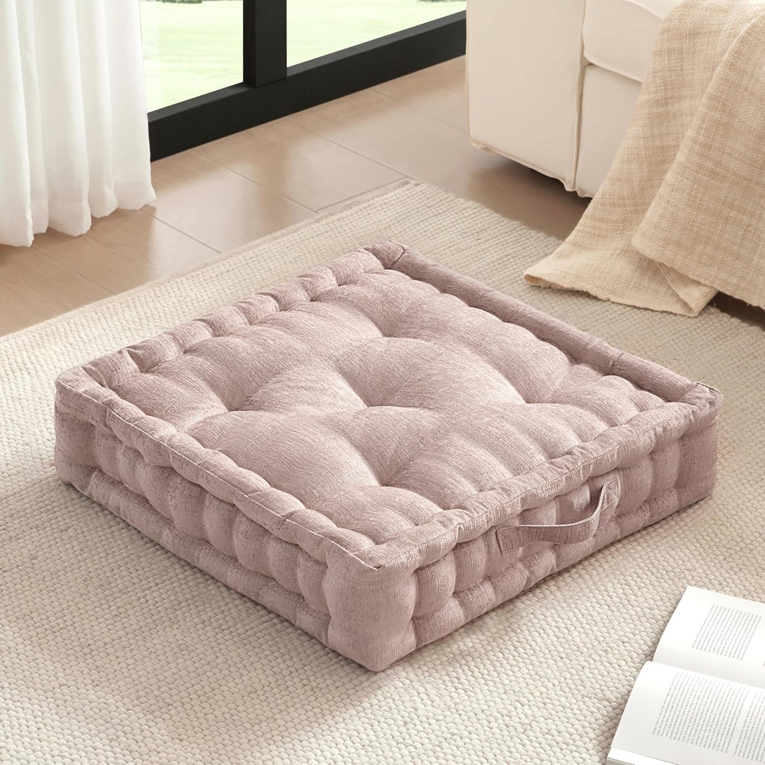 Intelligent Design Large Floor Pillow for Adults Yoga or Meditation Cushion with Handle, Floor Cushion for Board Games, Lustrous Chenille Tufted, Handsewn Scalloped Edge, Azza, 24″ x 24″ x 5″ Blush