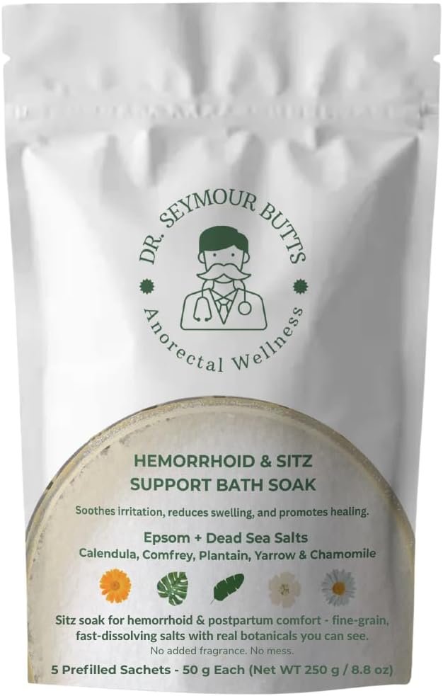 Hemorrhoid & Sitz Bath Support Soak – 5 Prefilled Sachets (50 g Each) | Epsom & Dead Sea Salts with Calendula, Chamomile, Plantain, Yarrow, Comfrey & Rose Petals | Fragrance-Free Comfort Soak