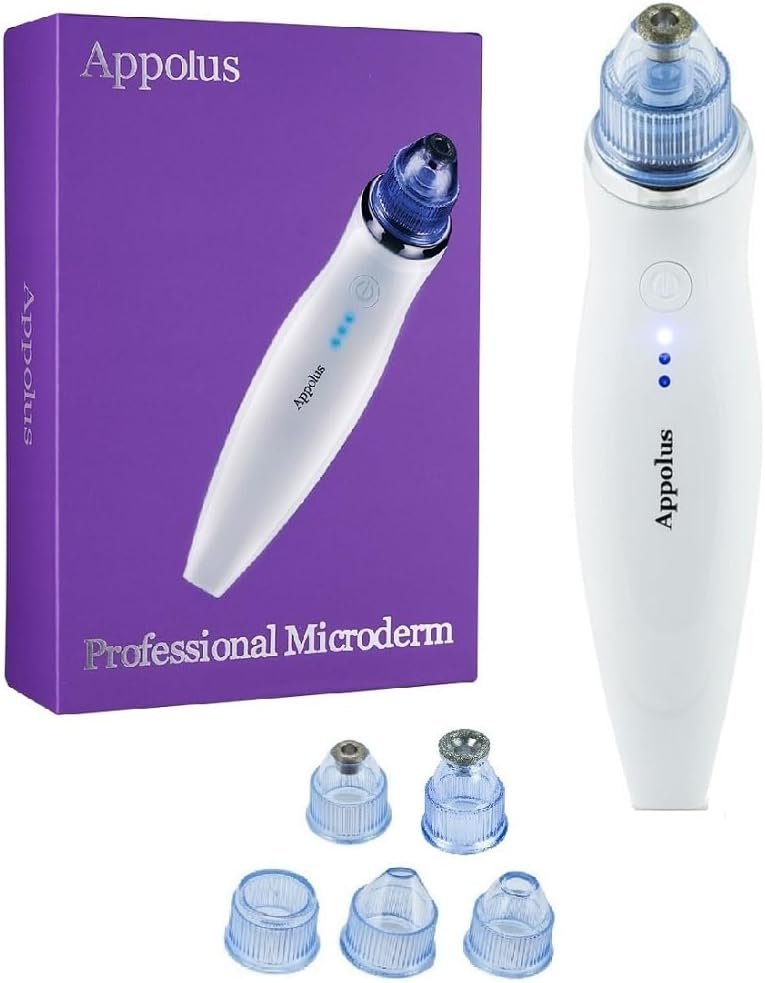 Microdermabrasion Machine – Appolus Premium Diamond Microdermabrasion Device Kit USB Rechargeable – 2 Diamond Tips 5 Heads – Blackhead Remover Vacuum Tool – Pores Lines Wrinkles Minimizer