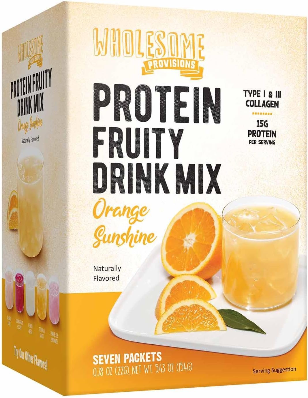 Protein Fruit Drink Mix, 15g Clear Protein, Low Sugar, Collagen + Prebiotics, No Artificial Colors or Dyes, Refreshing by Wholesome Provisions (Pack of 1, Orange Sunshine)