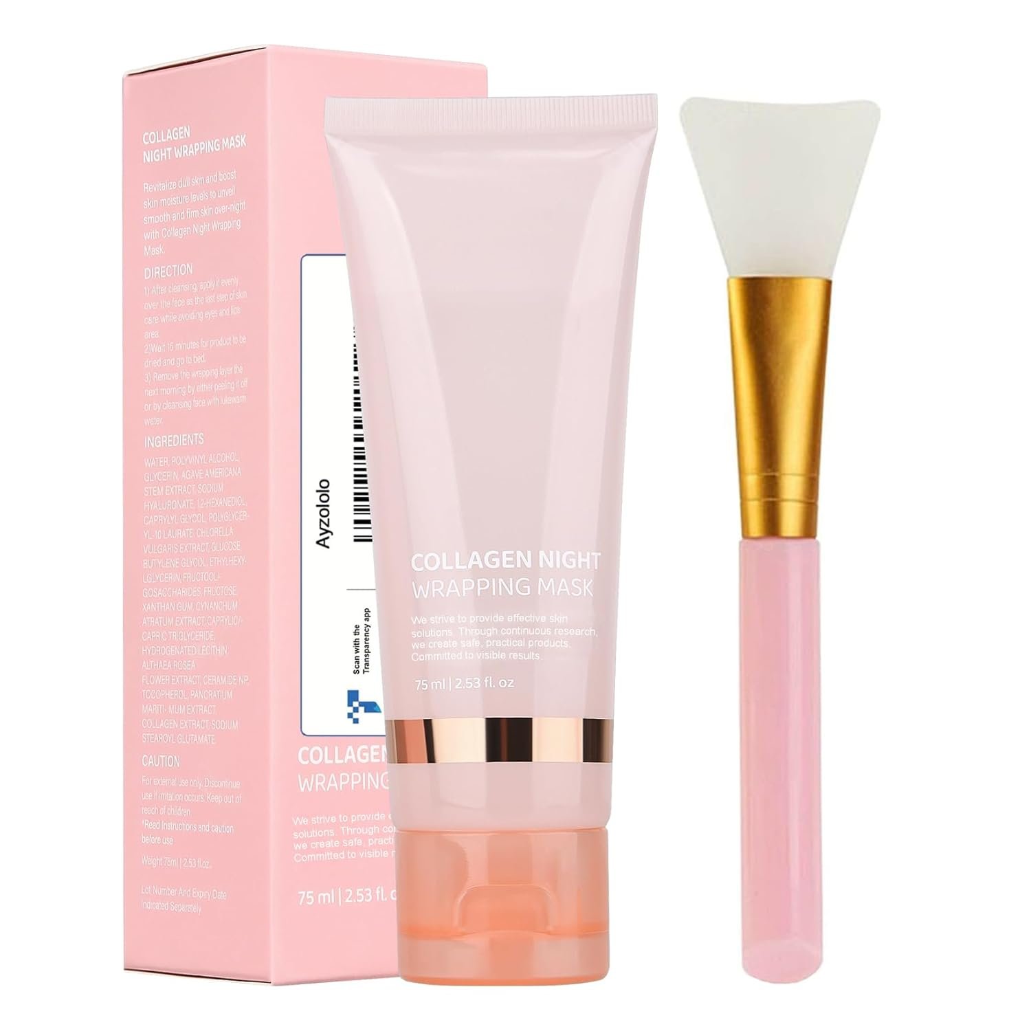 Ayzololo Collagen Mask,Collagen Night Wrapping Mask,Overnight Wrapping Mask,Peel Off Face Mask,Elasticity and Hydration Care,2.53 fl.oz(Brush Included)