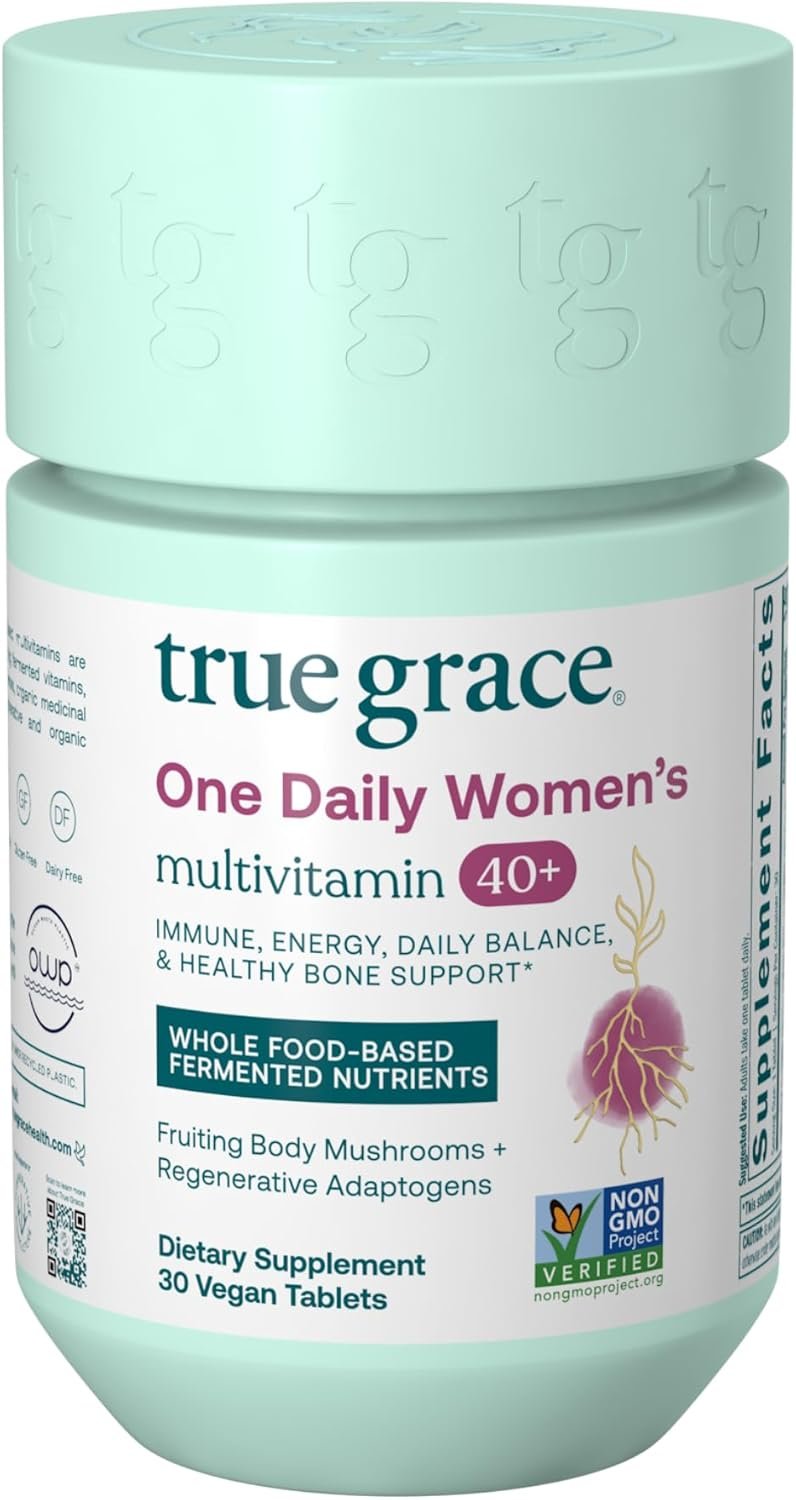 True Grace One Daily Women’s Multivitamin 40+ Fermented Minerals, Organic Adaptogens & Mushrooms Energy, Immune, Bone Support – Non-GMO – Iron, Gluten & Soy Free – 30 Vegan Tablets