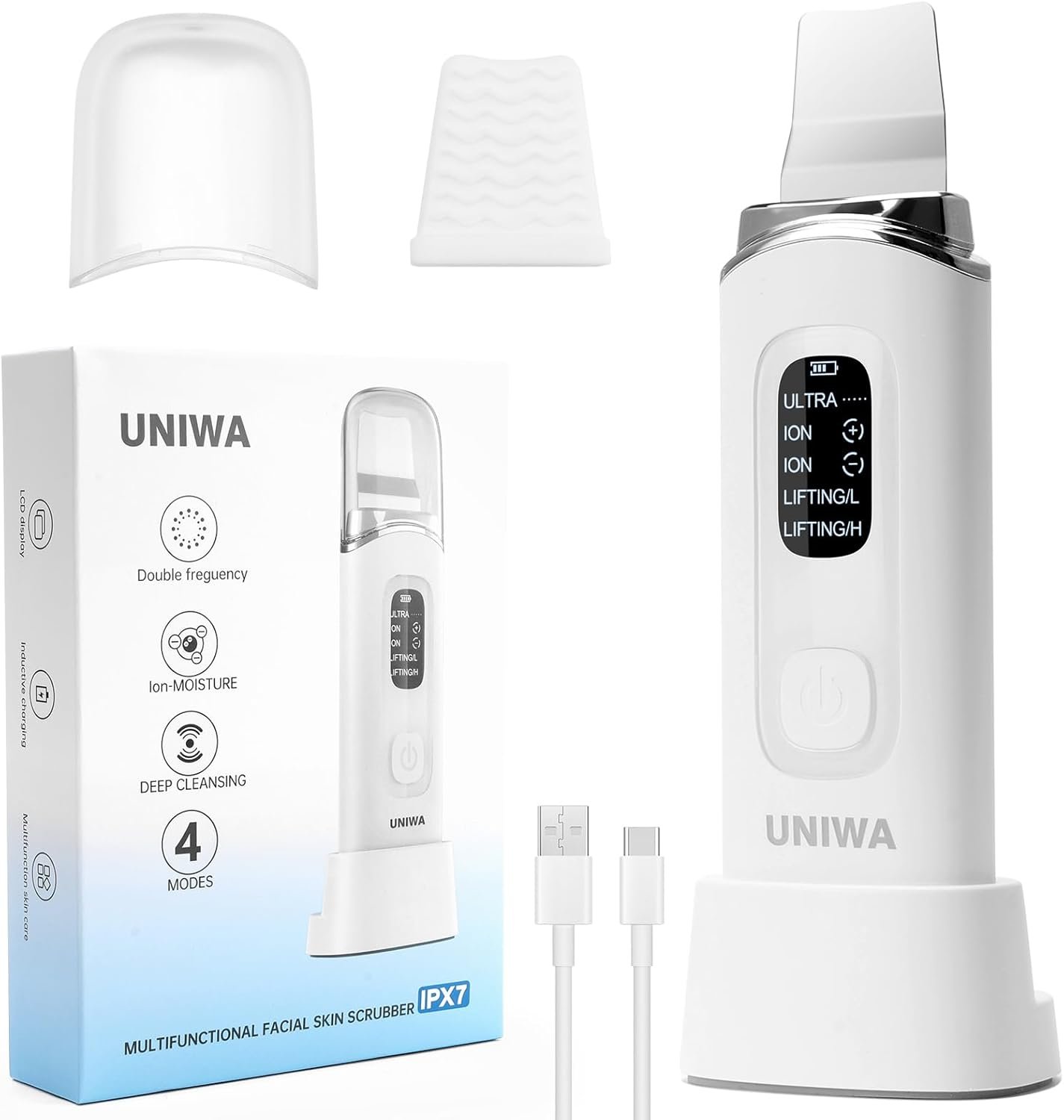 UNIWA Skin Scrubber Face Spatula, Ultrasonic Skin Scrubber Skin Spatula Pore Cleaner Blackhead Remover Tool for Facial Deep Cleansing-4 Modes, with LCD Display, IPX6 Waterproof – White