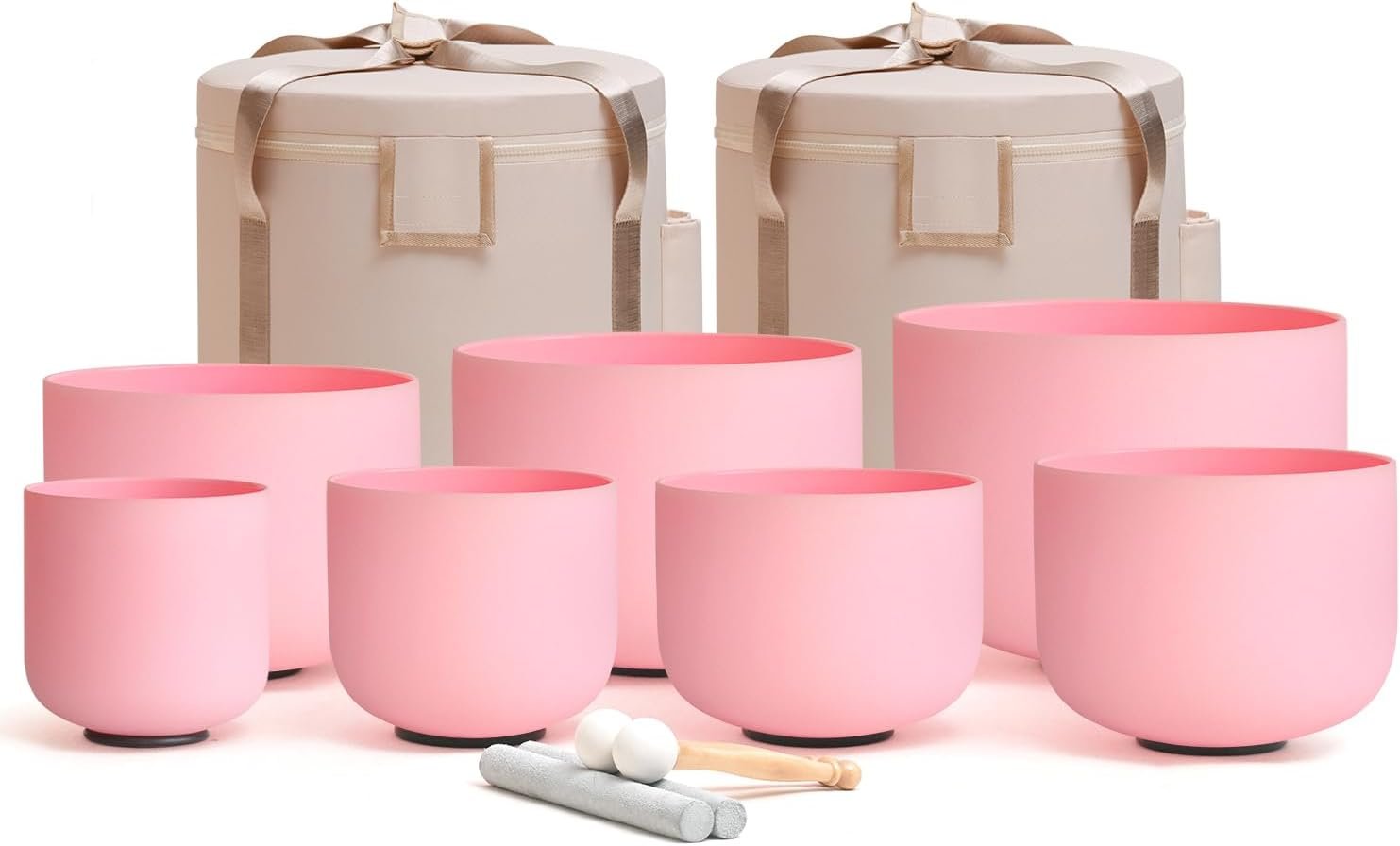 CVNC 432HZ 6-12 Inch Pink Color Frosted Quartz Crystal Singing Bowls Chakra Set of 7 with Carry Case Bags for Sound Healing and Meditation