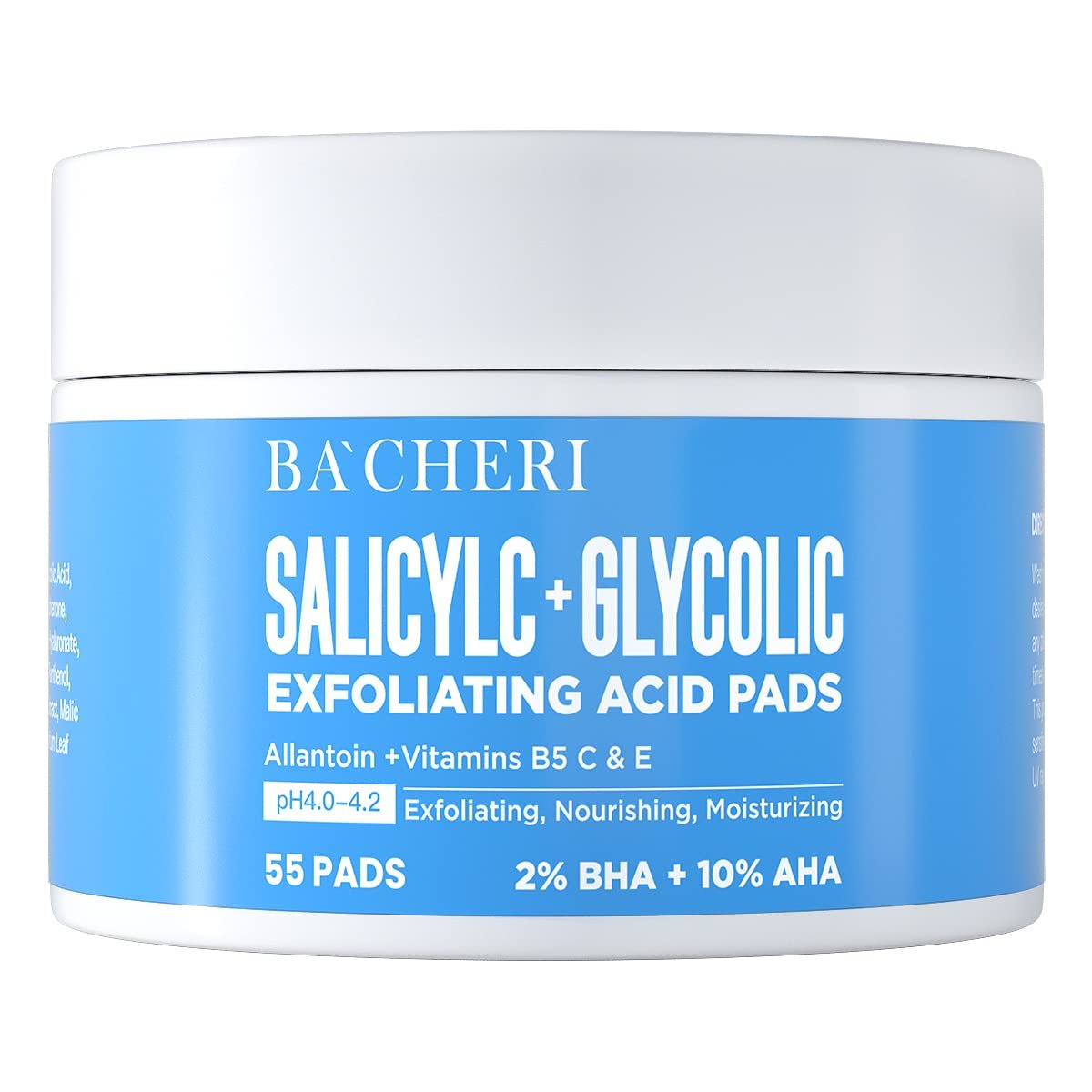 10% Glycolic Acid + 2% Salicylic Acid Peel Pads – BACHERI Resurfacing Pads For Face with Vitamins B5, C & E, Allantoin – Exfoliating Facial Peel for Dark Spots, Blackhead, Acne, 55 Pcs
