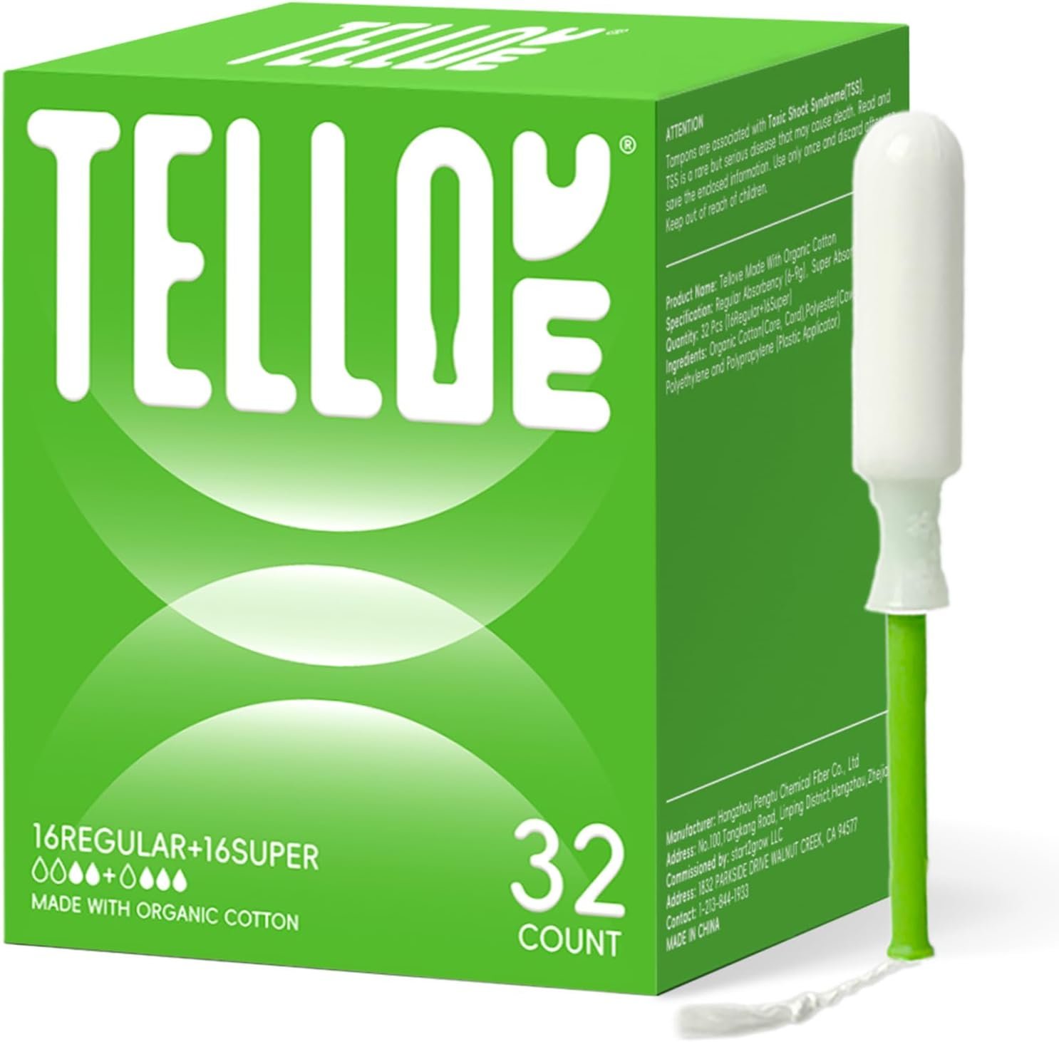 Tellove Tampons with 100% Organic Cotton Core, 32 Count (16 Regular, 16 Super), Featuring 360° Comfort-Expand Leakproof Technology with Comfort BPA-Free Long Applicator, Gentle on Sensitive Skin