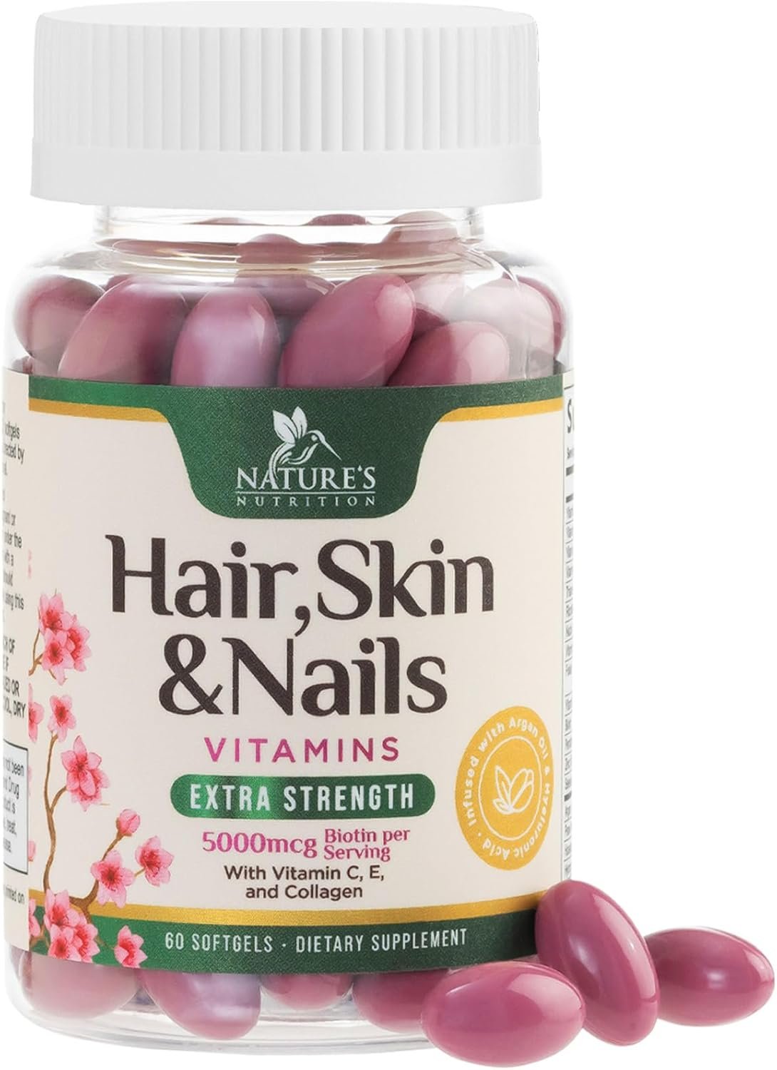 Hair Skin and Nails Vitamins for Hair Growth – Biotin 5000mcg Per Serving – Extra Strength Collagen, Argan Oil & Hyaluronic Acid – Best Beauty Supplement for Women & Men – USA Bottled – 60 Softgels