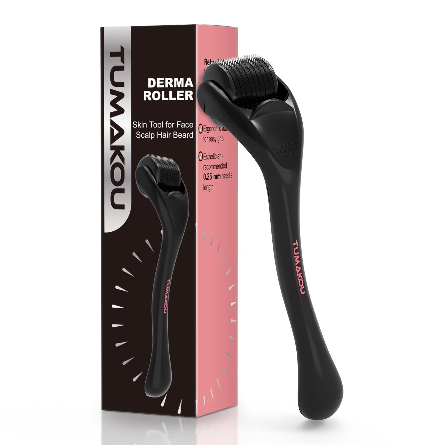 Derma Roller – TUMAKOU Microneedling Microneedle Roller for Face Scalp Hair – Beard Micro Needling Derma Roller at Home for Women and Men (Black)