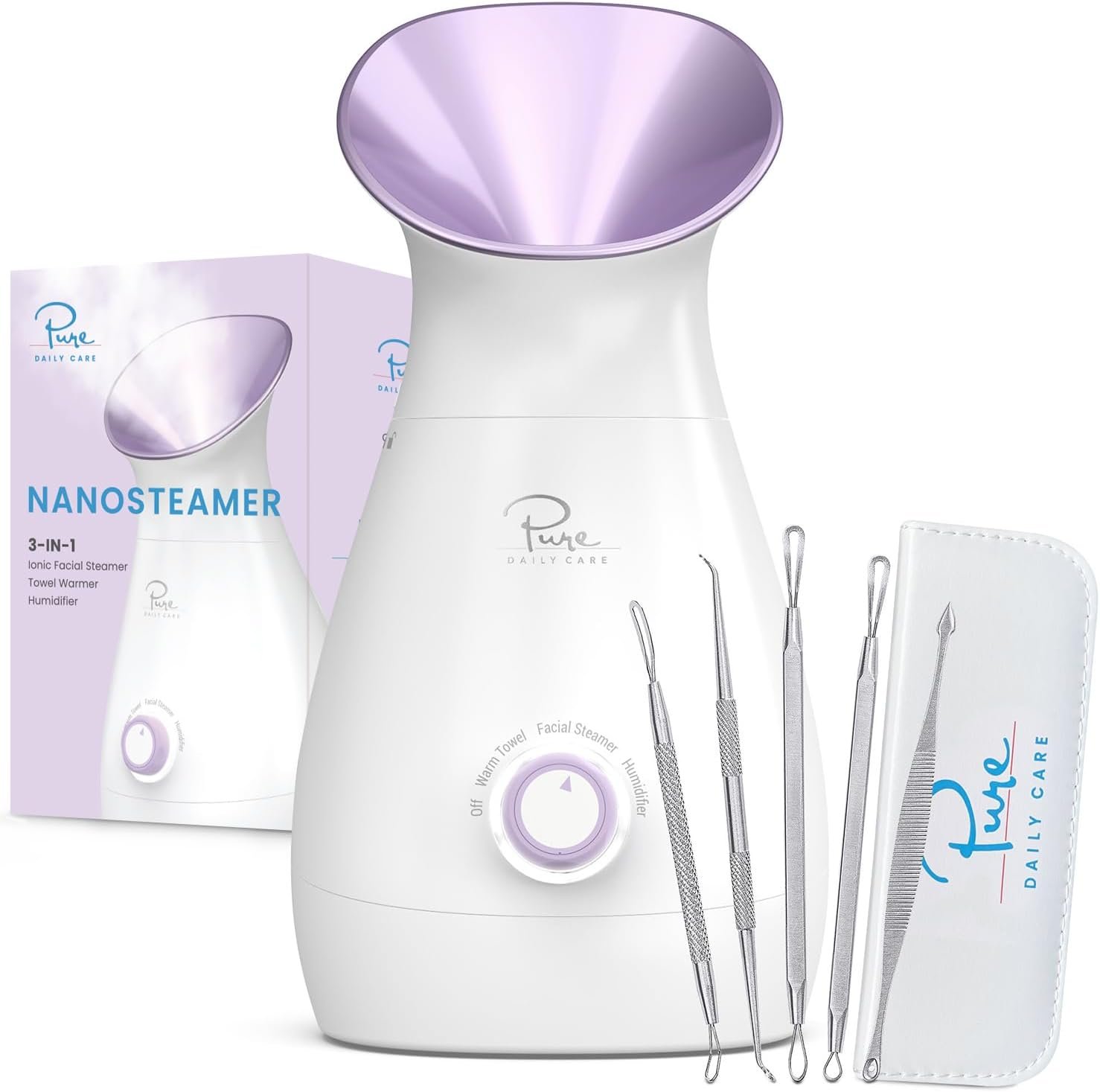 NanoSteamer Large 3-in-1 Nano Ionic Facial Steamer with Precise Temp Control – Humidifier – Unclogs Pores – Blackheads – Spa Quality – Bonus 5 Piece Stainless Steel Skin Kit (Lilac)