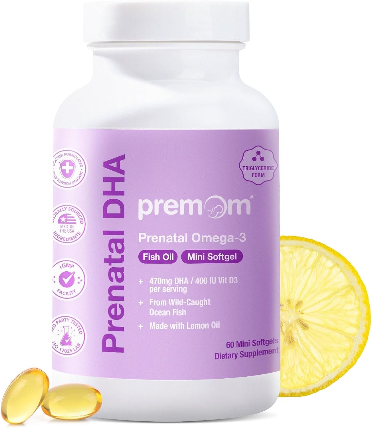 Premom Prenatal DHA, Omega 3 Fish Oil in Triglyceride Form, 60 Mini Softgels, 470mg DHA, 200mg EPA, & 400IU Vitamin D3, Supports Baby Brain Development During Pregnancy & Nursing*, Lemon Oil Infused