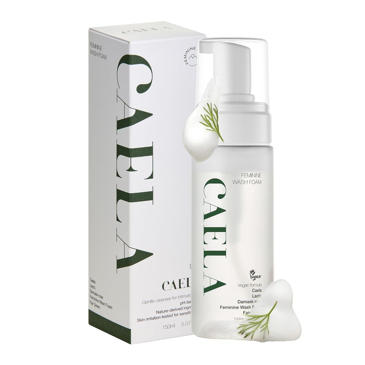 CAELA Feminine Wash Foam Fairgreen, pH-Balanced Intimate Cleanser for Women, Triple Lactobacillus Ferment Complex, Vegan K-Beauty with Green Tea & Mugwort, Sulfate-Free, 5.07 Fl Oz
