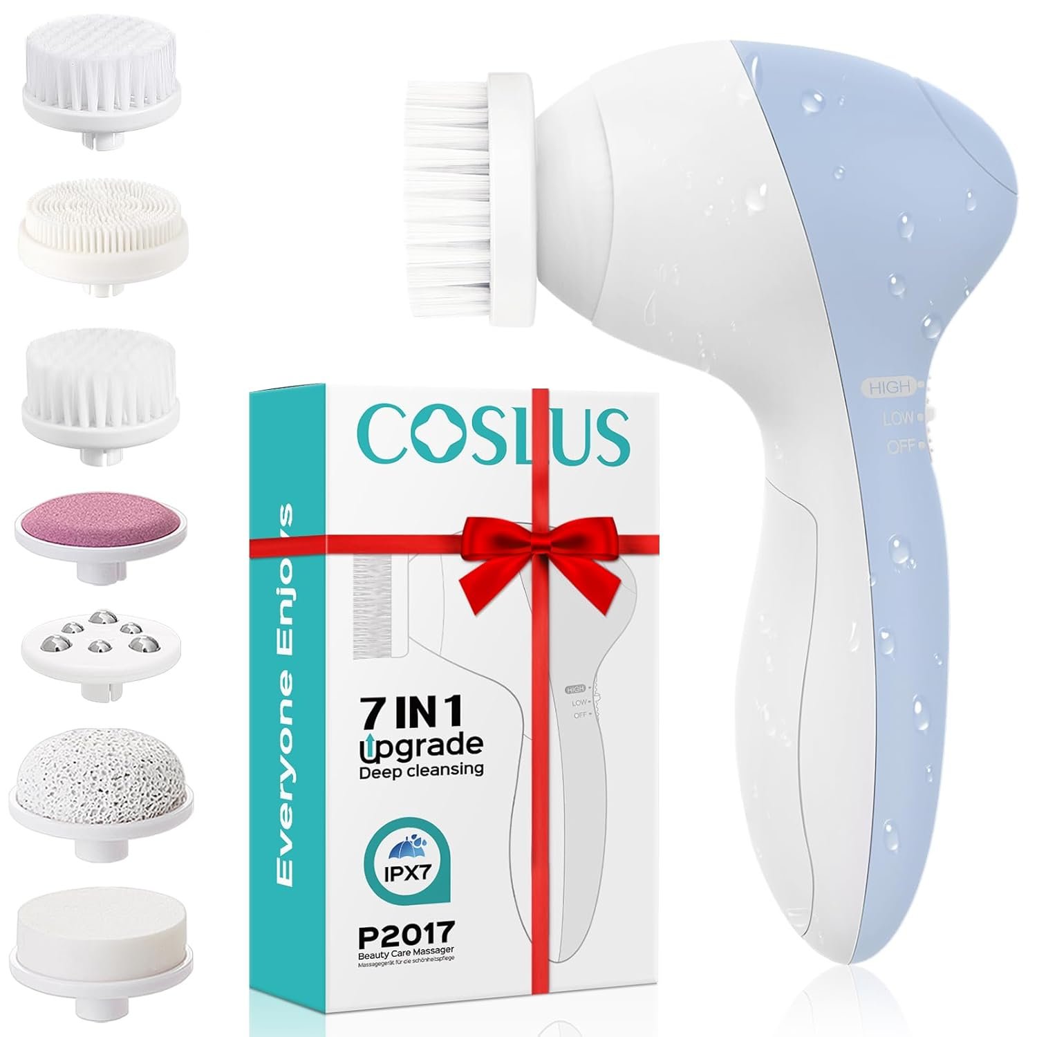 COSLUS Facial Cleansing Brush Silicone Face Scrubber: 7 in 1 FBS-D Electric Exfoliating Rotating Massage Device Waterproof Deep Cleaning Exfoliation Spa Machine – Electronic Skin Care Wash System