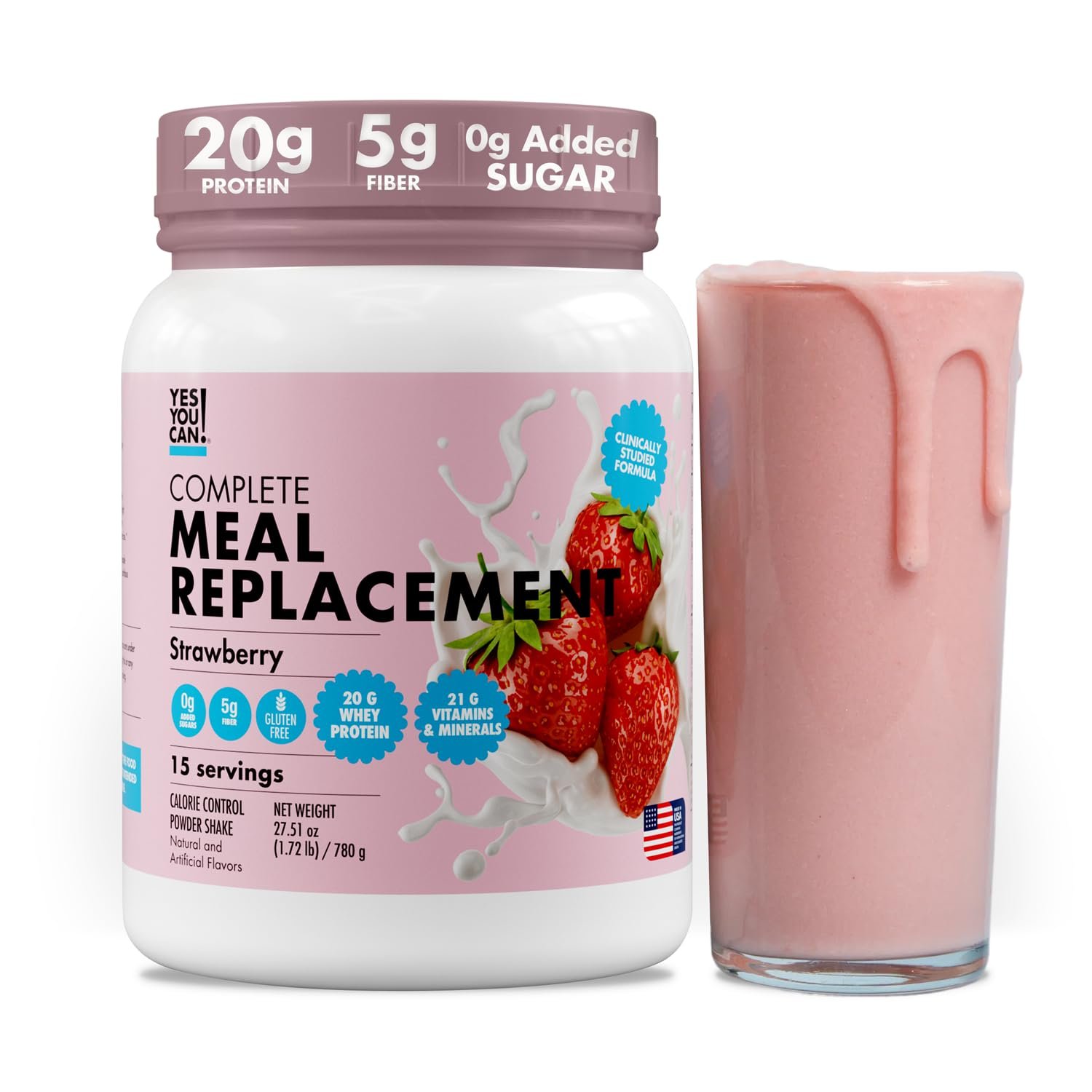 Yes You Can! Meal Replacement Shake – 20G Protein, 5G Fiber, 21 Vitamins & Minerals – Meal Replacement Protein Powder – Complete All-in-One Nutrition – 15 Servings (Strawberry)