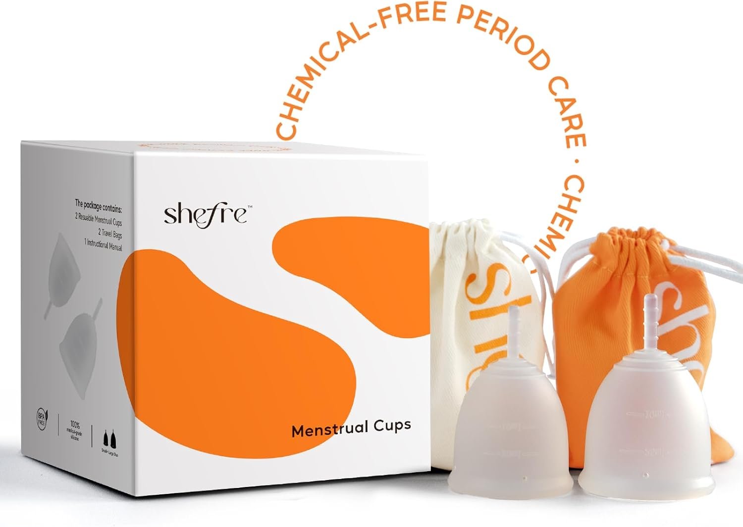 shefre Reusable Menstrual Cup Kit, Small & Large Sizes, 2 Count | Medical Grade Silicone, 12-Hour Leak-Proof, 100% BPA-Free, Beginner-Friendly Starter Kit