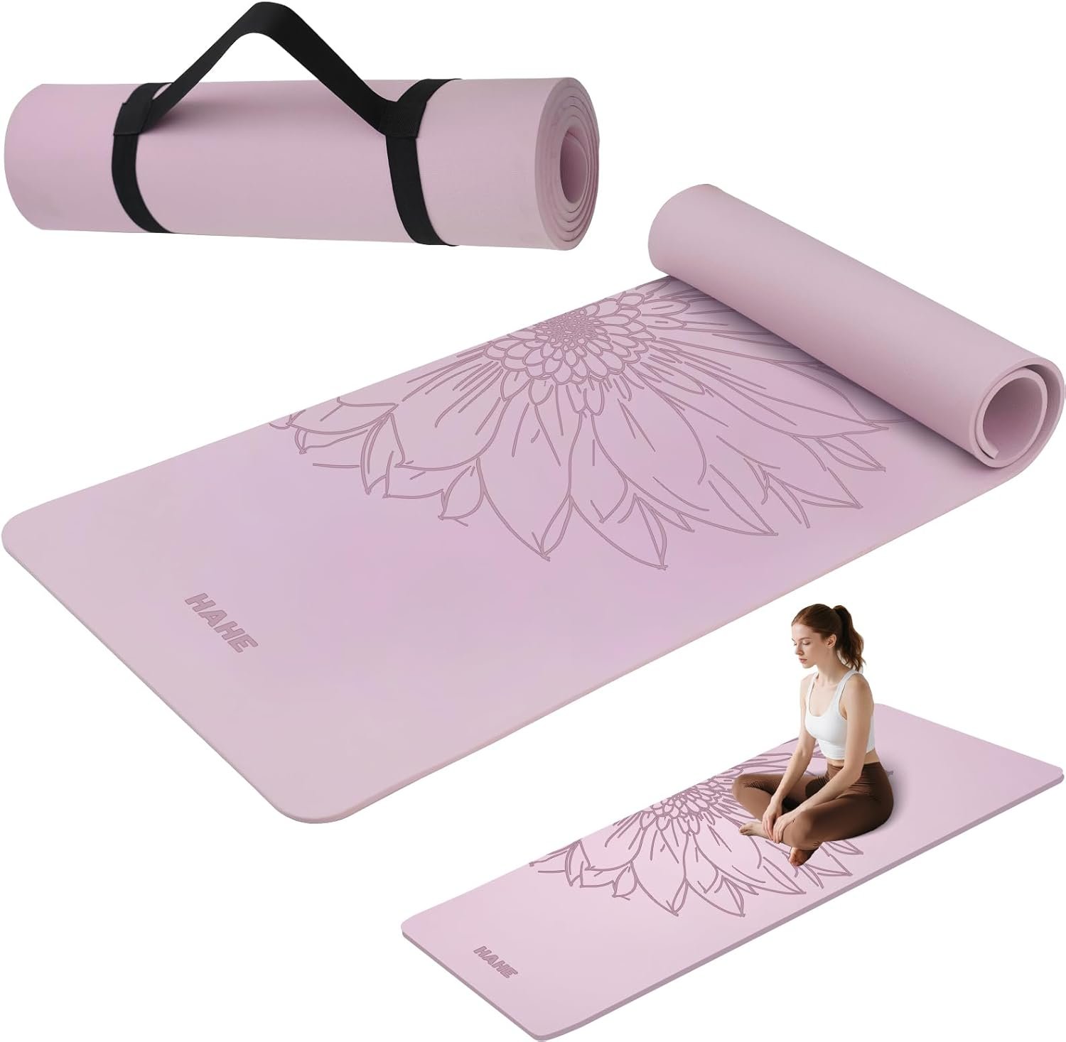 HAHE Yoga Mat Thick (8MM,1/3″), Eco-Friendly POE Non Slip Yoga Mat, High Rebound & Shock Absorption, Anti-Tear & Sweat-Resistant for Yoga, Fitness, Home, Workouts, Large Pilates Mats 72″x24″ with Carrying Strap