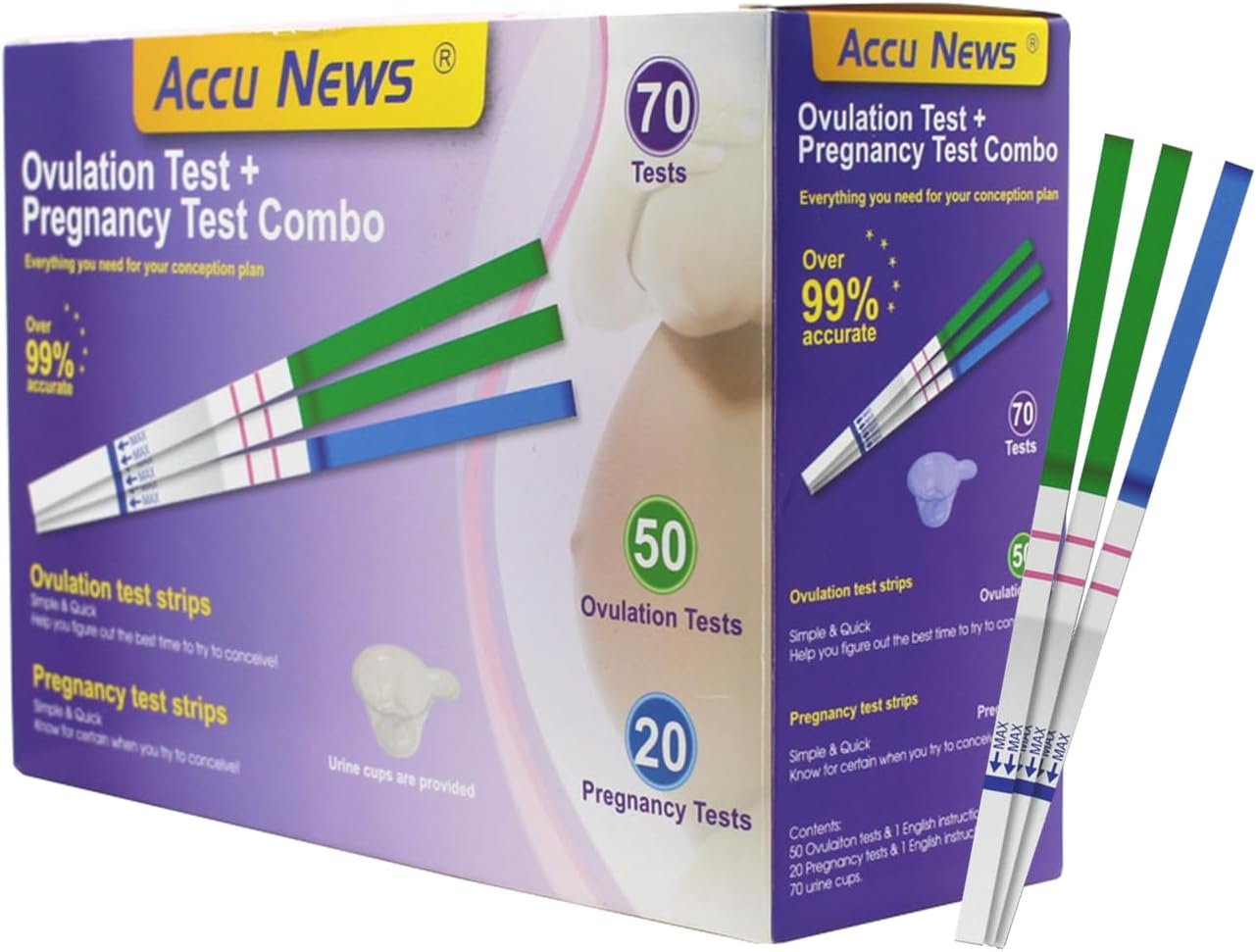 Ovulation & Pregnancy Test Kit Combo, 50 Ovulation Strips + 20 Pregnancy Tests, Easy At-Home Use