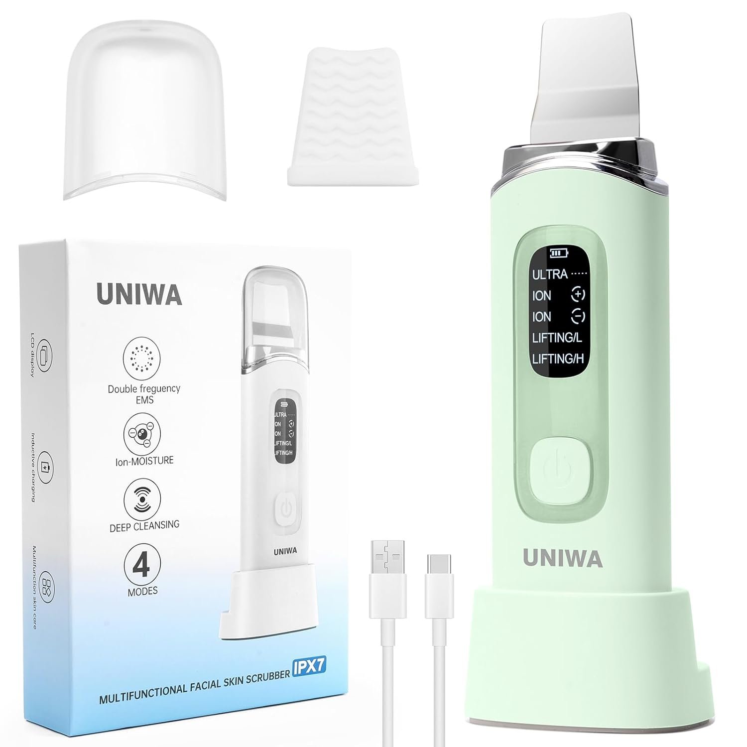 UNIWA Skin Scrubber Face Spatula, Skin Scrubber Pore Cleaner Blackhead Remover Tool for Deep Facial Cleansing – 4 Modes, Face Spatula with USB Charger, LCD Display, IPX7 Waterproof -Green
