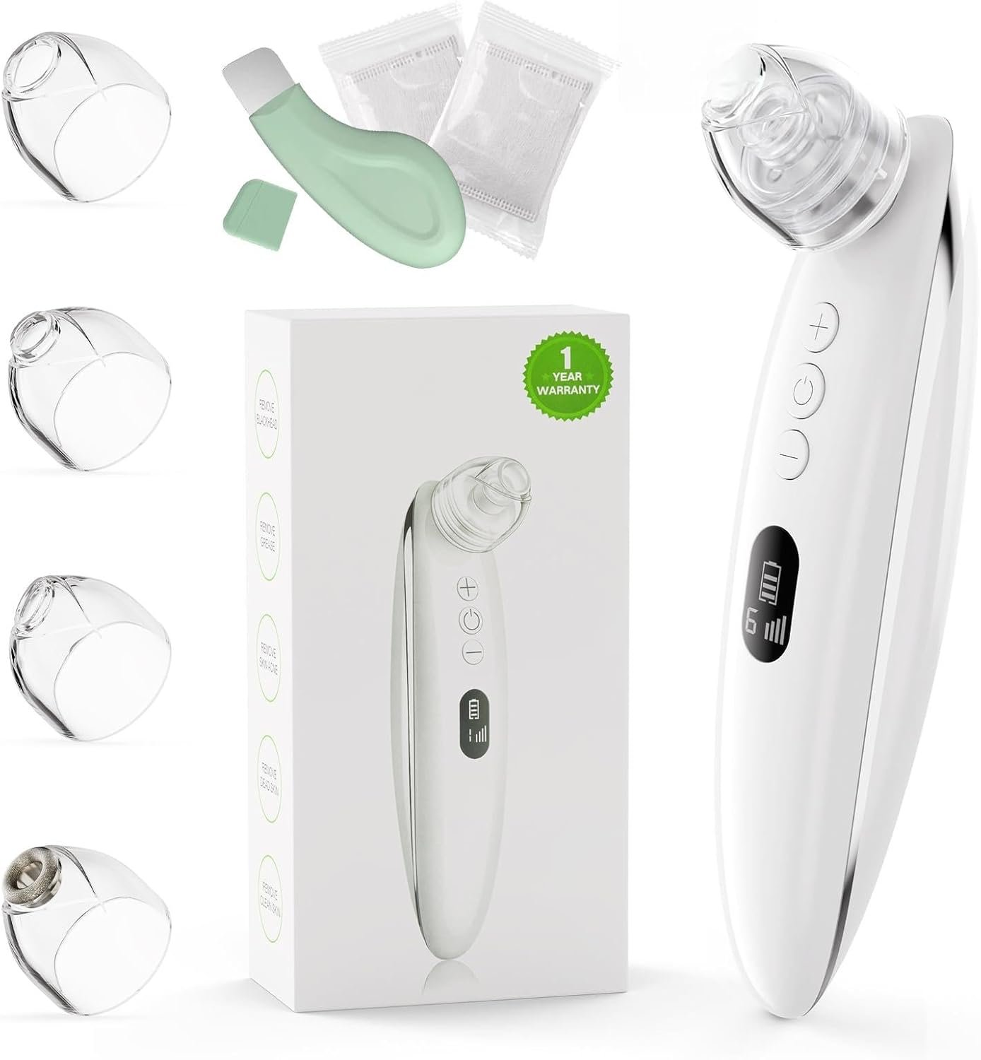 Facial Pore Blackhead Remover Vacuum Blackhead Extractor Face Scraper Cleansing Tool Sucker Rechargeable Pore Cleaner Kit for Women Men with 6 Adjustable Suction Levels, 4 Probes (White)