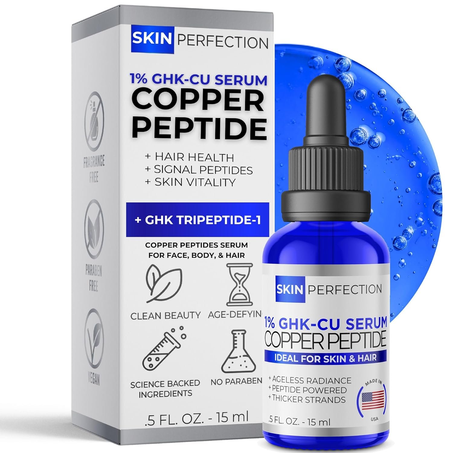 Skin Perfection Copper Peptide Serum GHK-CU 1% for Face & Hair Copper Peptides for Skin, Hair, & Scalp – 1% Blue Liquid for Face, Neck, Body, Scalp Multi-Use Serum Booster with Dropper 0.5 fl oz