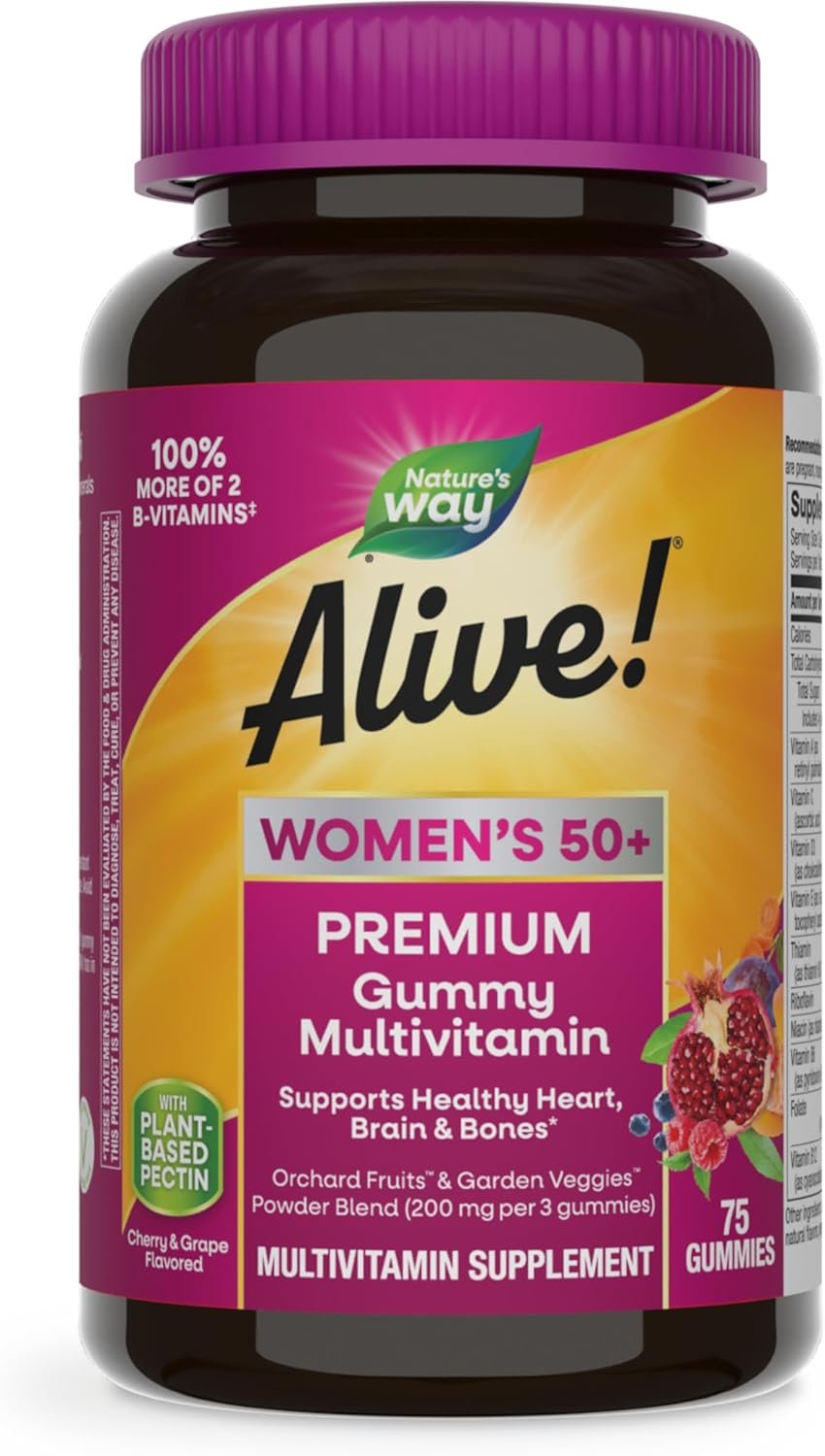 Nature’s Way Alive! Women’s 50+ Premium Gummy Multivitamin Supplement, Supports Heart, Brain & Bones*, B-Vitamins, Vegetarian, Grape and Cherry Flavored Gummy Vitamins, 75 Gummies (Packaging May Vary)