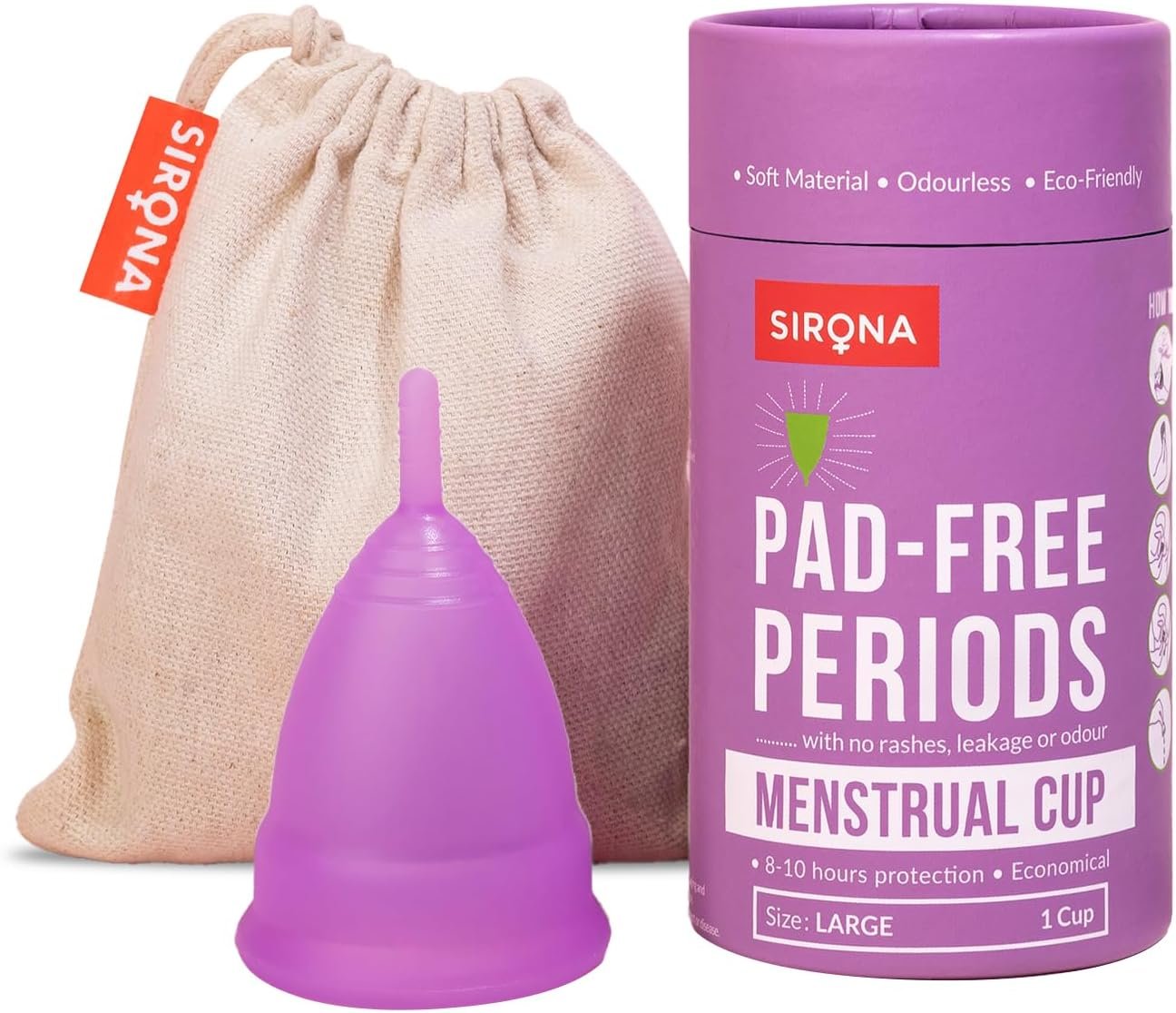 Sirona Reusable Menstrual Cup – Large Size | Ultra-Soft, Odor-Free, Rash-Free Medical-Grade Silicone with Pouch | Leak-Proof Period Cup for Heavy & Light Flow | Tampon & Pad Alternative | Pack of 1