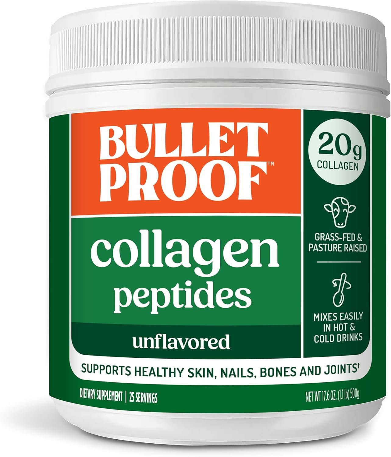 Bulletproof Unflavored Collagen Peptides Powder, 20g Grass-Fed Collagen Protein and Amino Acids for Skin, Bones and Joints, 17.6 Ounces