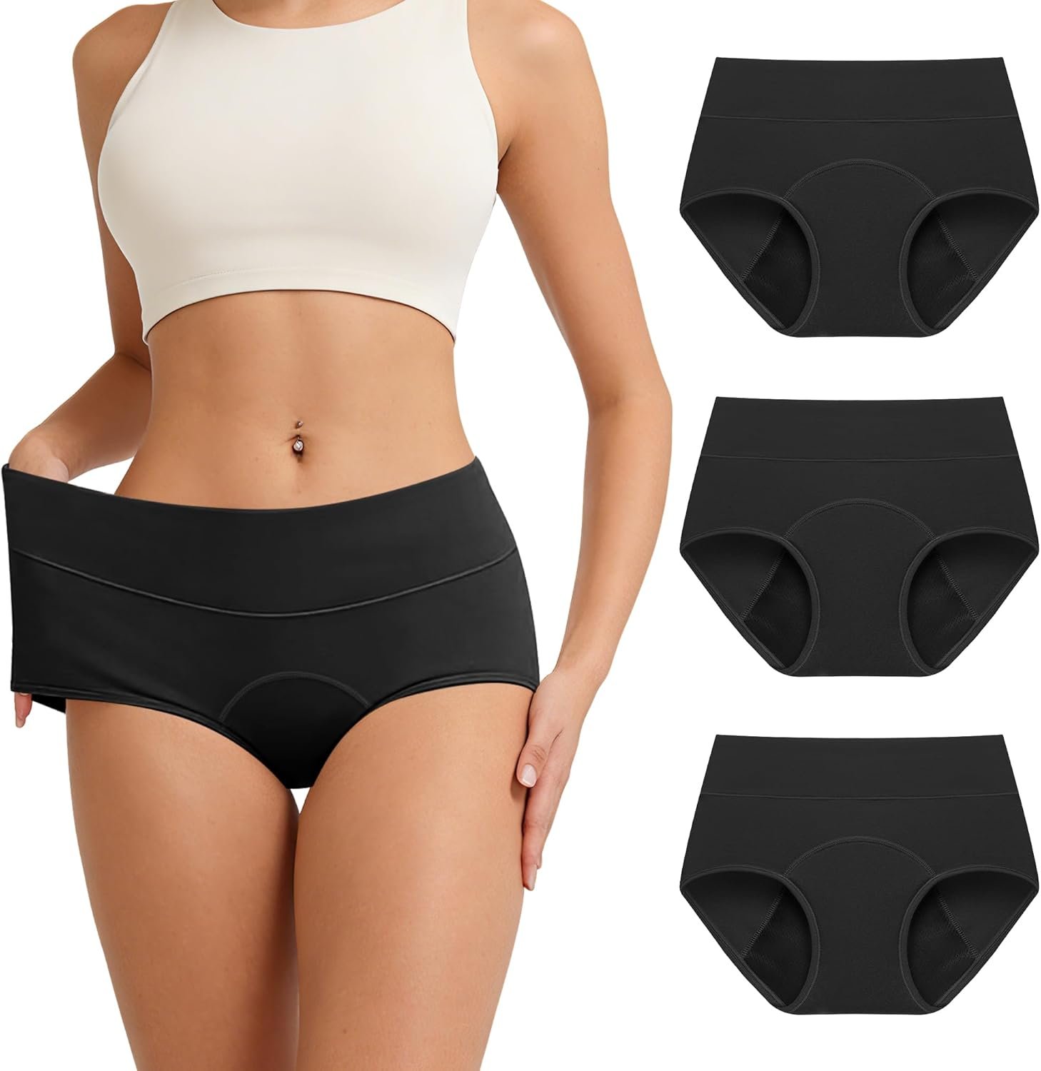 Period Underwear for Women High Waisted Leakproof Menstrual Panties Heavy Flow Absorbent Postpartum Briefs 3 Pack