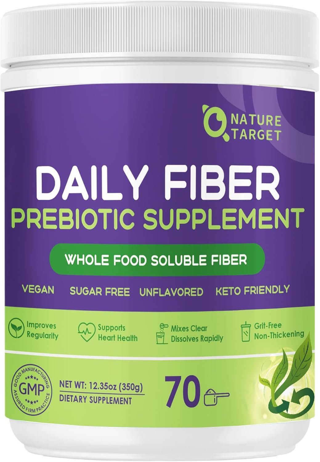 NATURE TARGET Daily Fiber Supplement – Soluble Prebiotic Fiber Powder for Gut Health, Whole Food High Fiber for Digestive Health & Regularity, Unflavored, Gluten & Sugar Free, Keto – 70 Servings