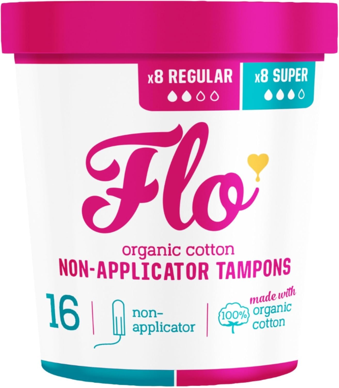 Flo – Organic Cotton Tampons for Women – 16 Pack (8 Regular, 8 Super) – Leak Proof – No Synthetic Fibers, Chlorine Bleach, or Added Dyes – Non-Applicator – Feminine Care – Vegan & Cruelty Free