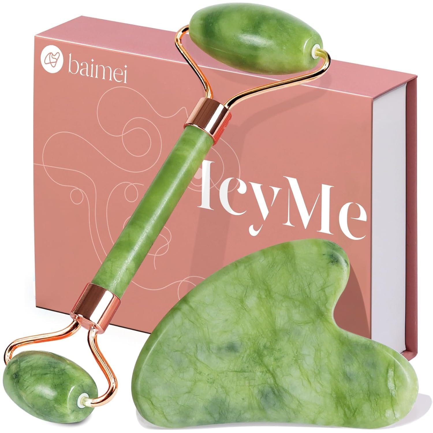 BAIMEI IcyMe Gua Sha & Jade Roller Set, Cooling Face Roller & Guasha Tool for Face Depuffing, Facial Sculpting & Jawline Definition, Smooth Rolling Skincare Tools for Women & Men – Green