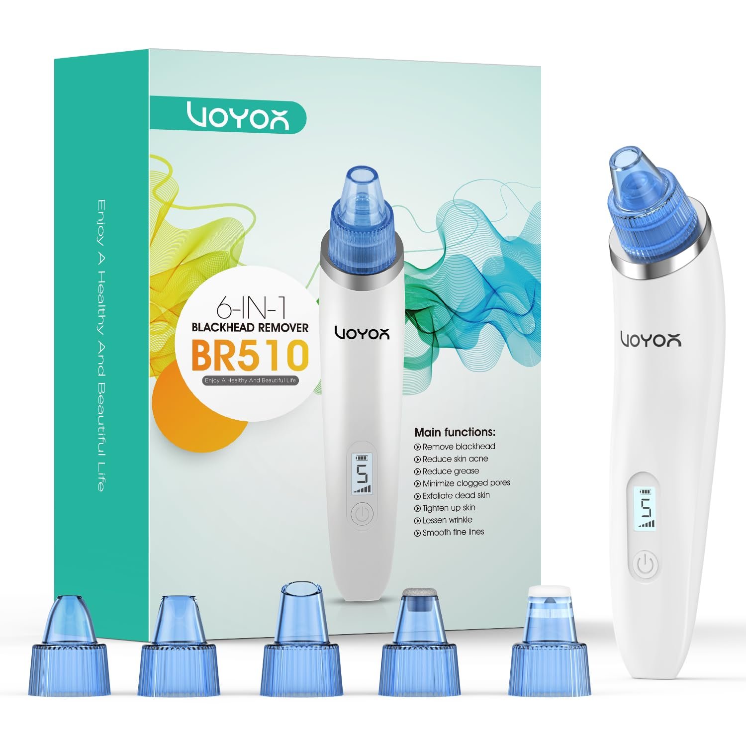 VOYOR Blackhead Remover Pore Vacuum – Black Head Remover for Face with LCD Screen, 5 Suction Levels and 6 Replaceable Heads, USB Rechargeable Face Vacuum Pore Cleaner for Women and Men (BR510)