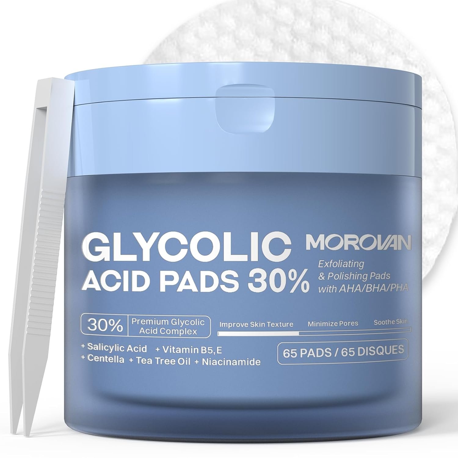 Morovan Glycolic Acid Pads 30%: Dual-Sided Face Exfoliator for Blemishes and Deep Cleaning, Clarifying Skin Tone, At-Home Peel, 65 Pads
