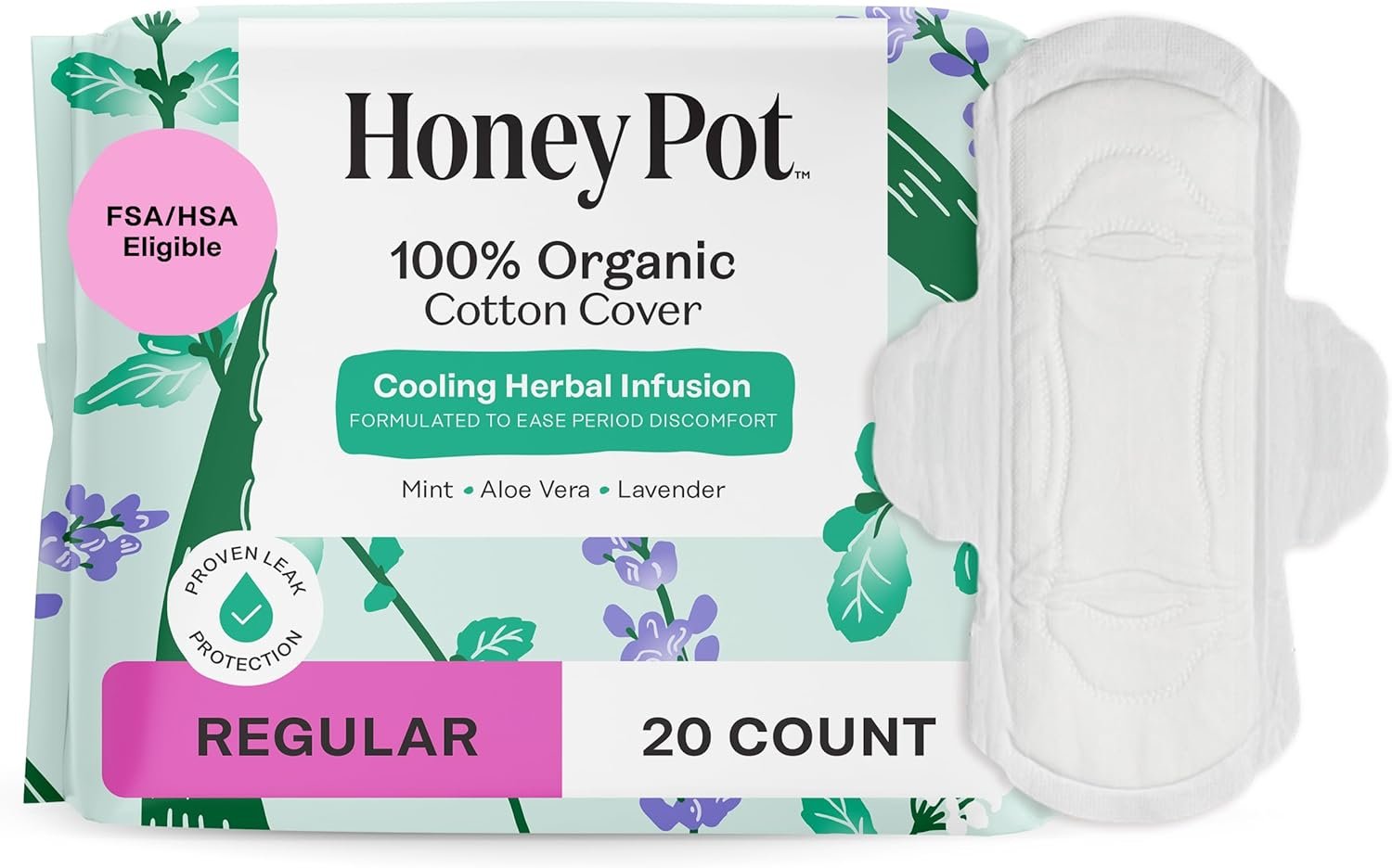 The Honey Pot Company – Herbal Sanitary Pads for Women – Regular Flow w/Wings – Infused w/Essential Oils for Cooling Effect & Organic Cotton Cover – Feminine Care – 20 ct