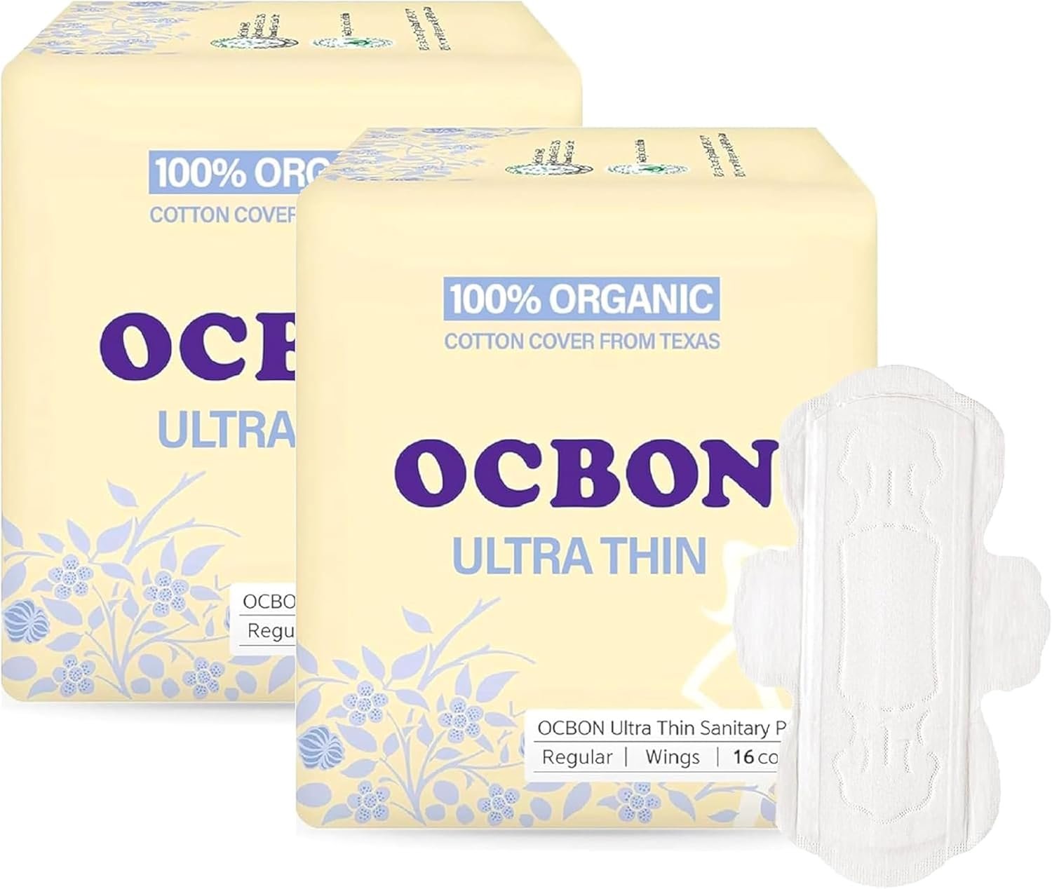 OCBON Unscented Ultra Thin Sanitary Pads (32 Count, Regular) – Organic Cotton Feminine Pads with Wings for Women, Super Absorbent & Soft, Period Protection, Hypoallergenic