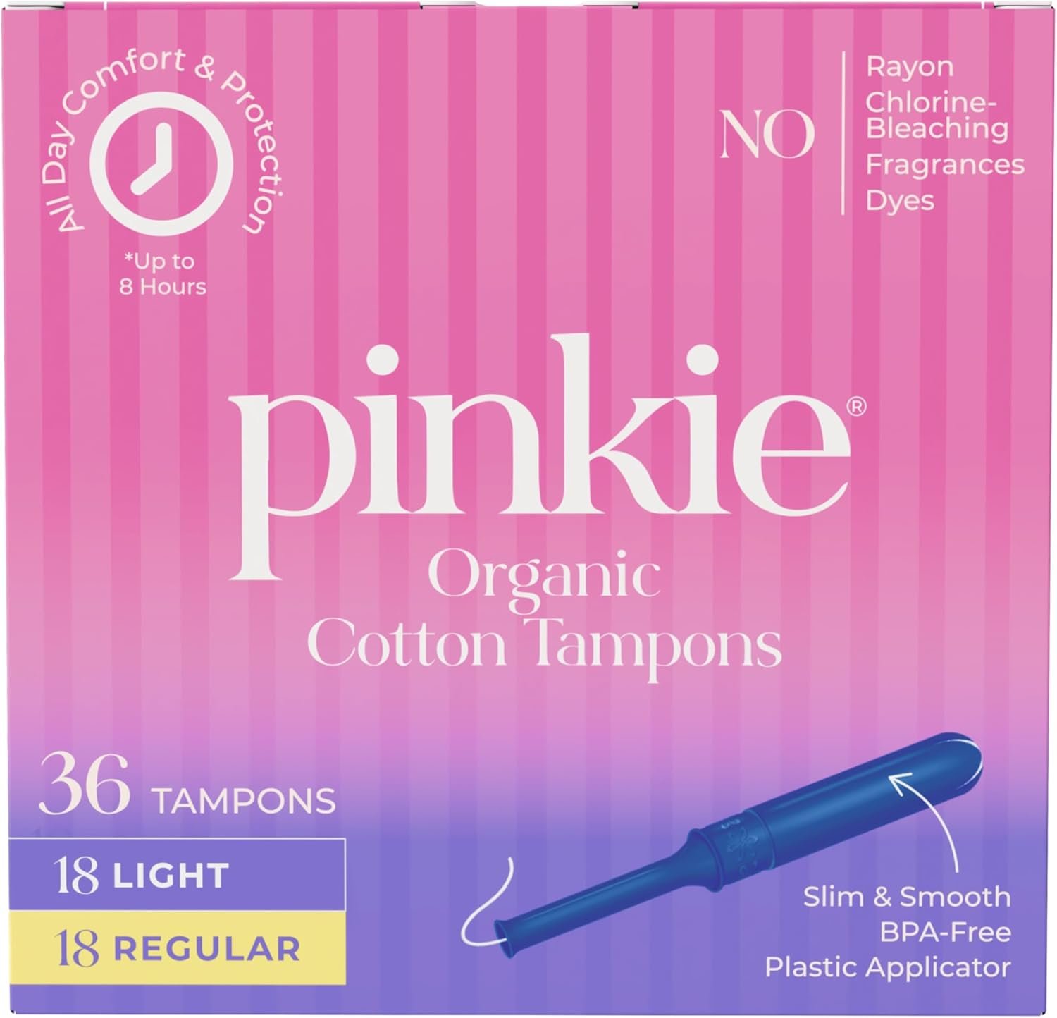 Pinkie Organic Tampons for Teens & Adults – 100% Cotton Core Adapts to Your Body – Slim BPA-Free Applicator for Comfortable Insertion – Chlorine, Fragrance, Dye & Rayon Free – Light/Regular, 36 Count