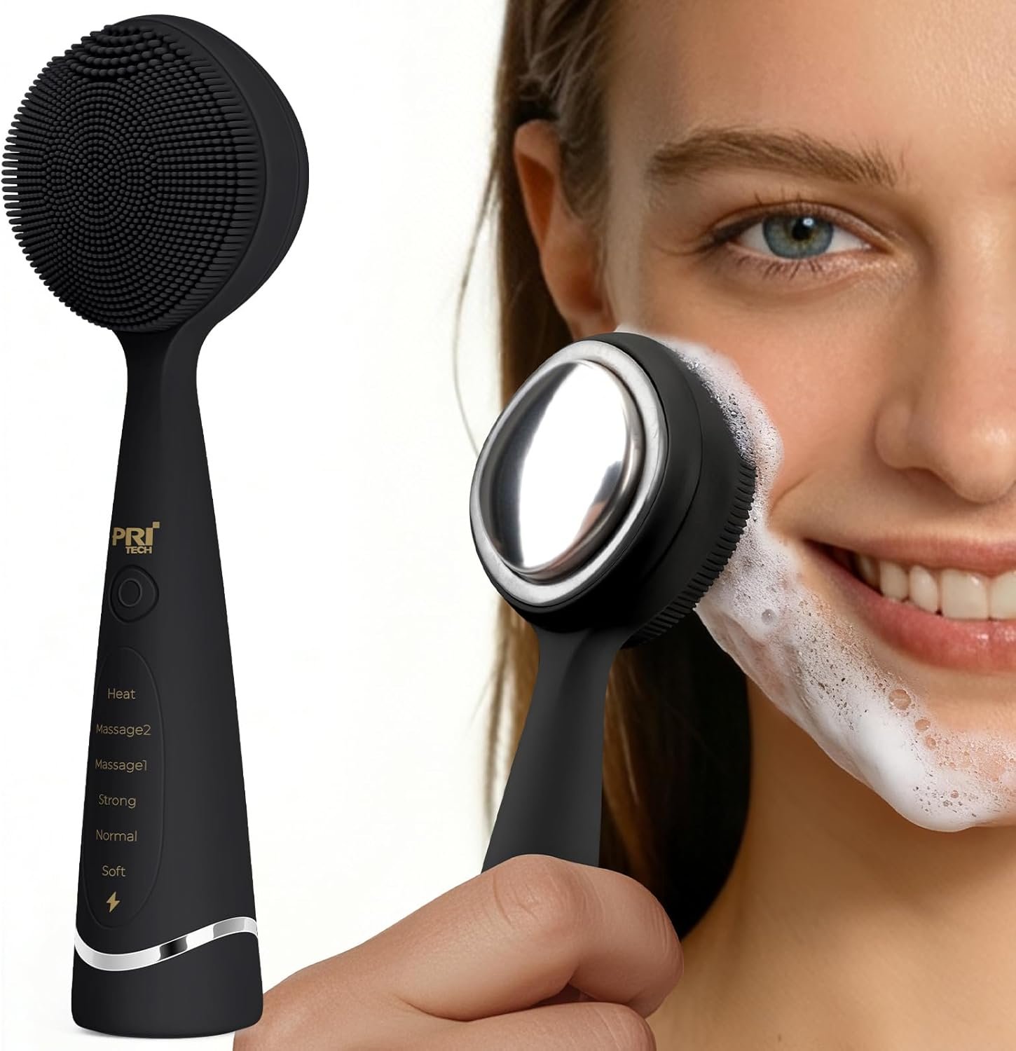 PRITECH Facial Cleansing Brush with Vibrating, Rechargeable Silicone Face Scrubber for Deep Pore Cleaning, Exfoliator & Waterproof Face Brush with Heat End for for Women and Men (Black)