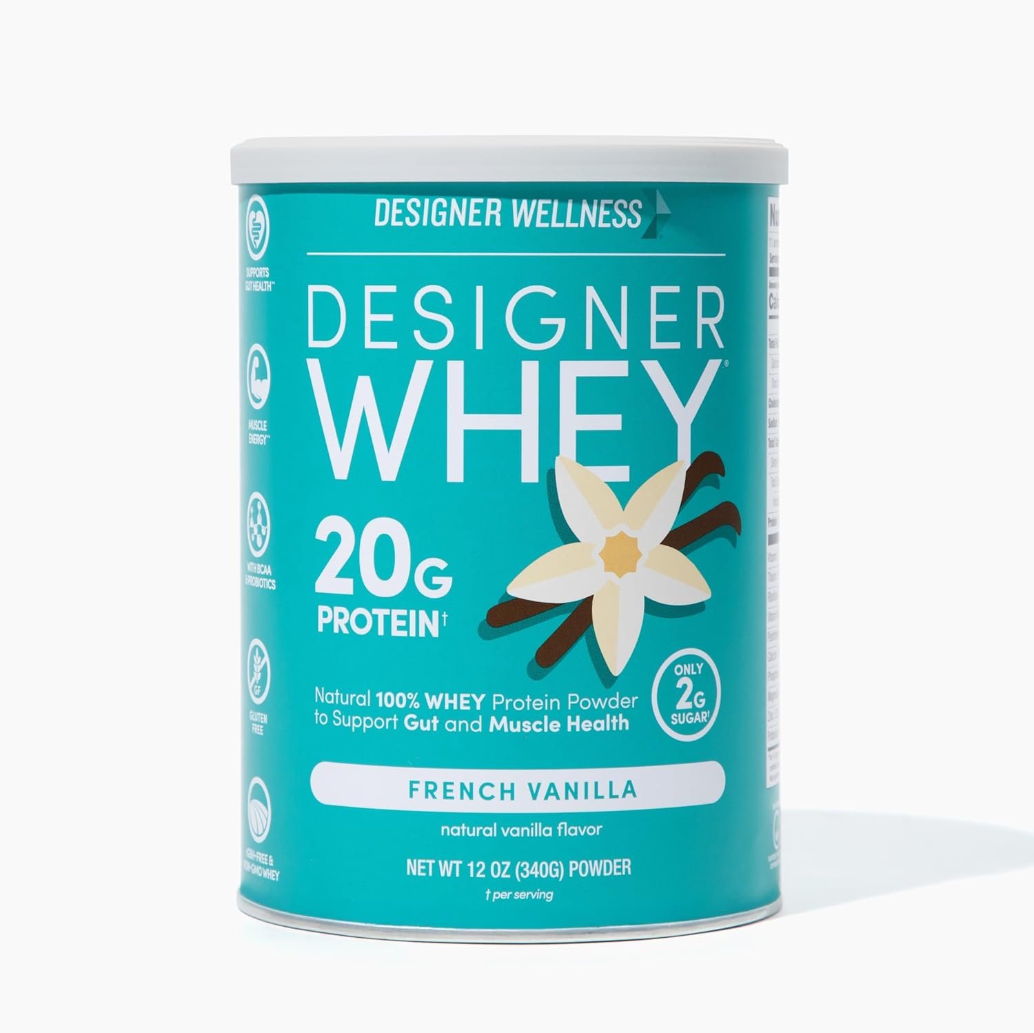 Designer Wellness, Designer Whey, Natural Whey Protein Powder with Probiotics, Fiber, and Key B-Vitamins for Energy, Gluten-Free, French Vanilla, 12oz