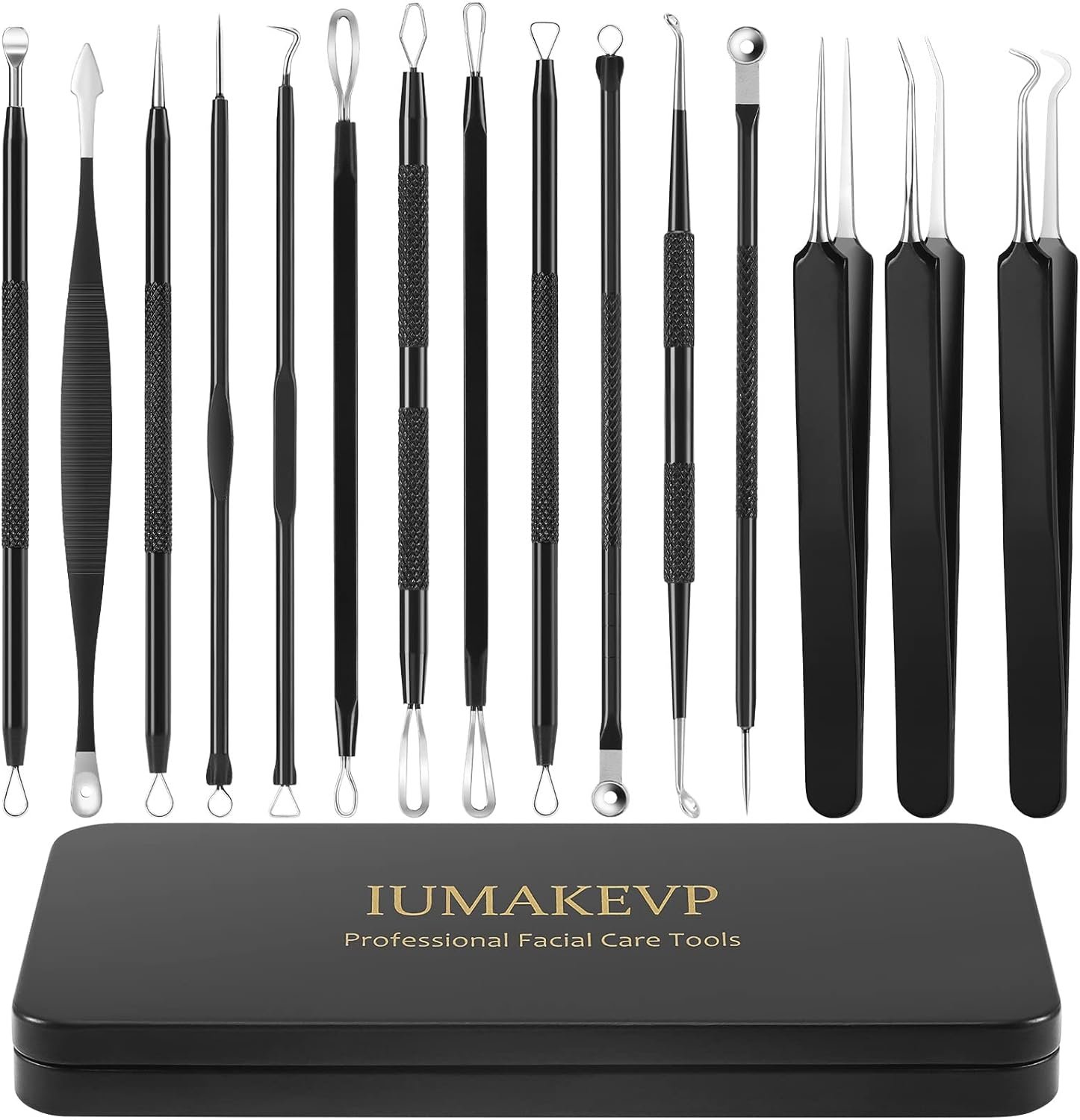 Pimple Popper Tool Kit, IUMAKEVP 15 PCS Professional Stainless Steel Blackhead Remover Comedone Extractor Tools for Removing Pimples, Blackheads, Zit on Face – Acne Removal Kit with Metal Case (Black)