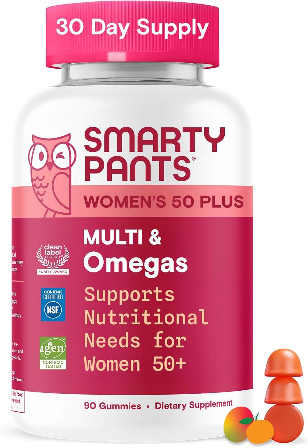 SmartyPants Women’s Plus 50+ Multi & Omegas Multivitamin Gummies with Omega 3 DHA/EPA, Methylfolate, CoQ10, Vitamin D3, C, B12, B6, A, K, Biotin, Two Fruit Flavors, 90 Count (30 Day Supply)