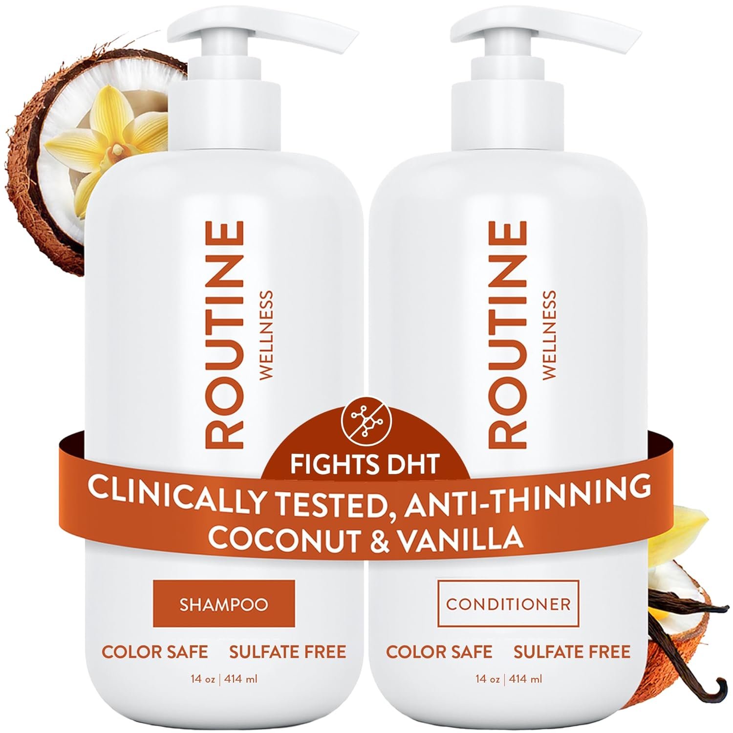 Routine Wellness Anti-Thinning Shampoo and Conditioner Set for Thinning Hair – Biotin DHT Blocker Women & Men – Color Safe Shampoo for Hair Loss & Healthier Hair – Coconut & Vanilla (Pack of 2)