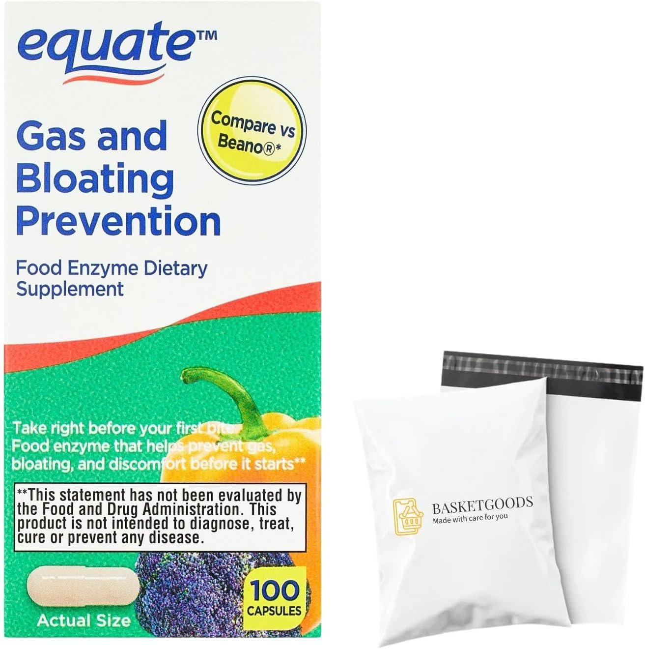 Equate Gas and Bloating Relief Prevention, Food Enzyme Dietary Supplement Capsules 100 Count (Pack of 1) – Set By Basket Goods