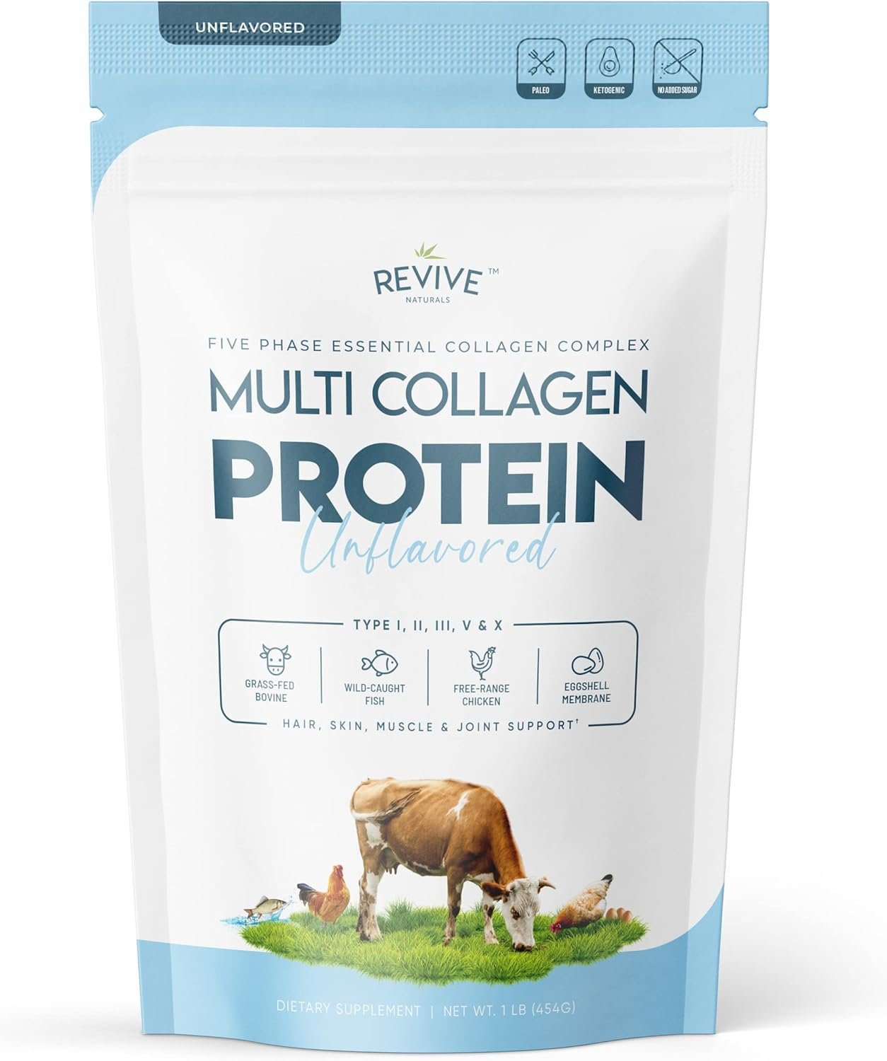 Multi Collagen Hydrolyzed Protein Powder (16oz) – Types I, II, III, V & X – Grass Fed Bovine (Peptan®), Wild Caught Marine, Free Roaming Chicken & Eggshell Collagen Peptides, Non-GMO, GF.