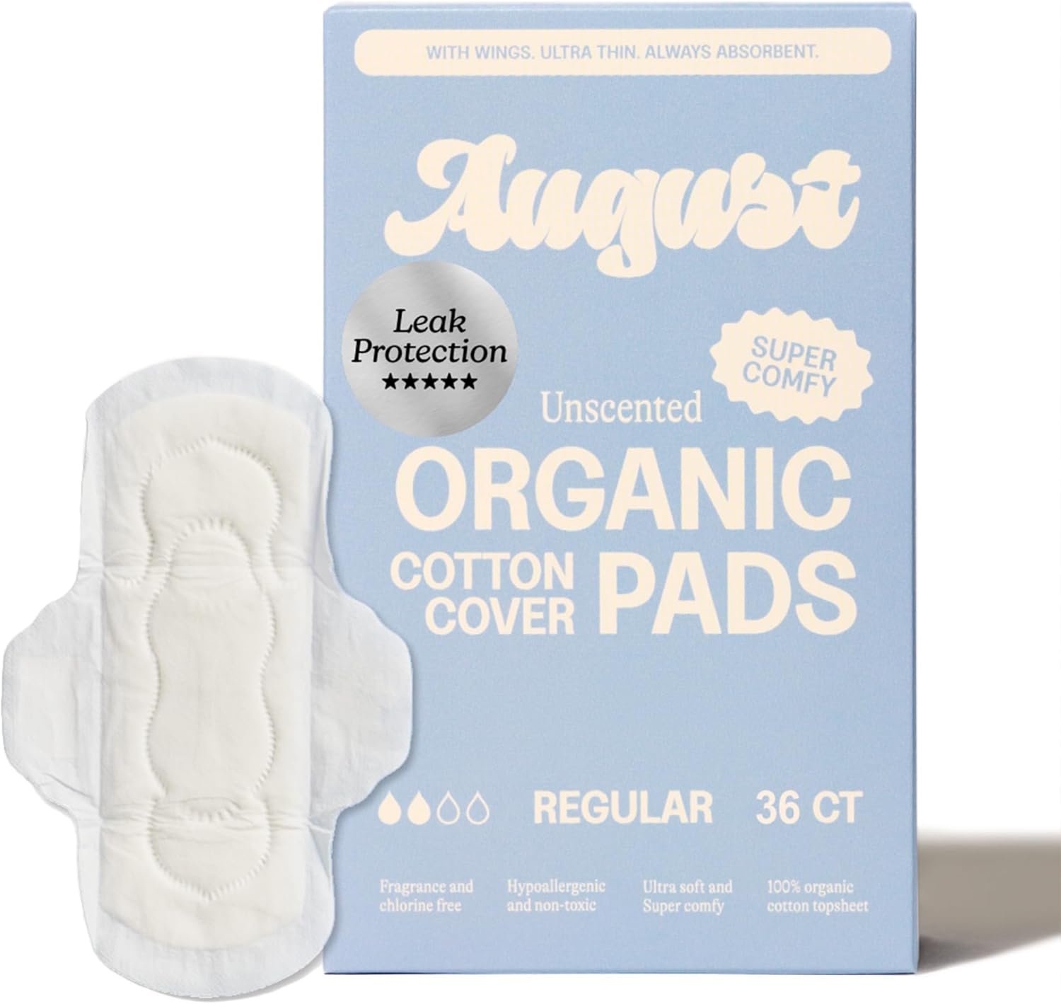 August Regular Cotton Menstrual Pads, 36-Pack Ultra Thin Pads with Wings, Hypoallergenic Sanitary Napkins with Organic Cotton Topsheet, Compostable Wrappers, Toxin Free, Fragrance Free