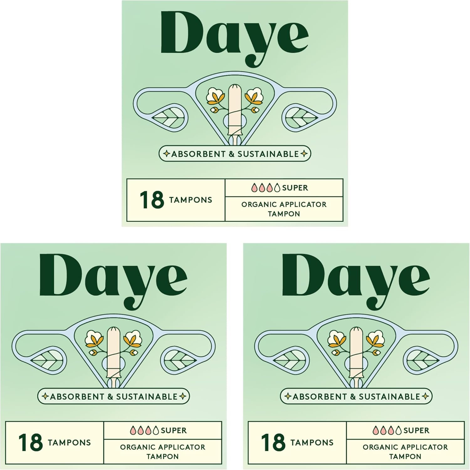 Daye Organic Tampons Super | 54ct | Pesticide & Metal Tested, 100% Organic Cotton for Heavy Flow | No-Shed Sleeve, Sugarcane Applicator