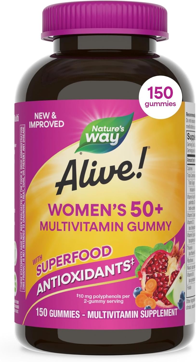 Nature’s Way Alive! Women’s 50 Plus Multivitamin Gummy, Daily Chewable Multivitamins with B-Vitamins, Vitamin D3, Calcium, Supports Heart, Brain & Bone Health,* Mixed Berry Flavored, 150 Count